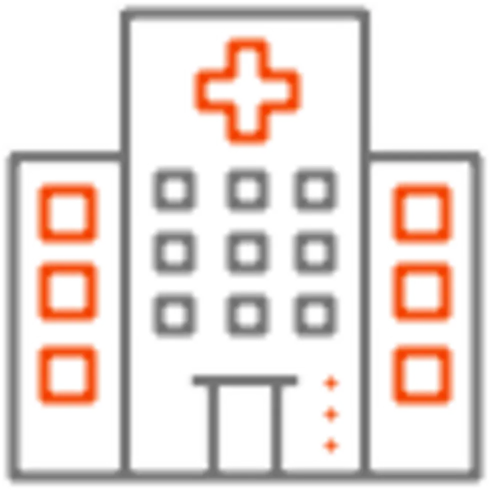 A stylized icon of a hospital building with multiple windows and a red cross symbol, symbolizing medical facilities.