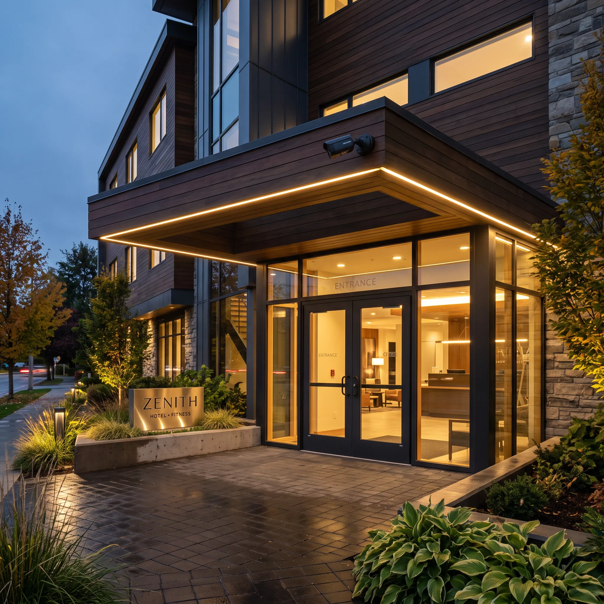 hospitality security property entrance dusk