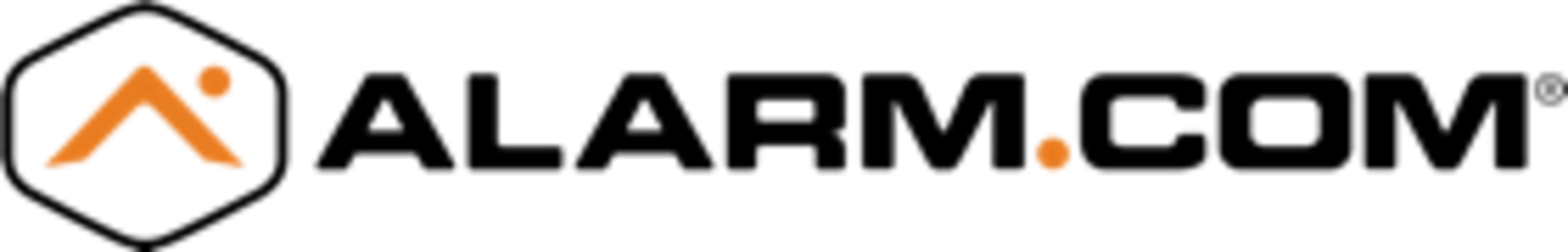 A logo or graphic design featuring geometric shapes, including a triangle and a rounded shape, in an orange color scheme. Alarms.com