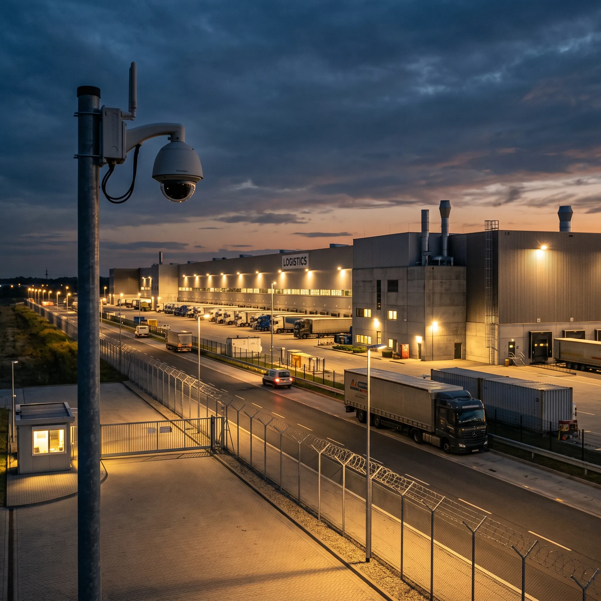 industrial security plant exterior dusk