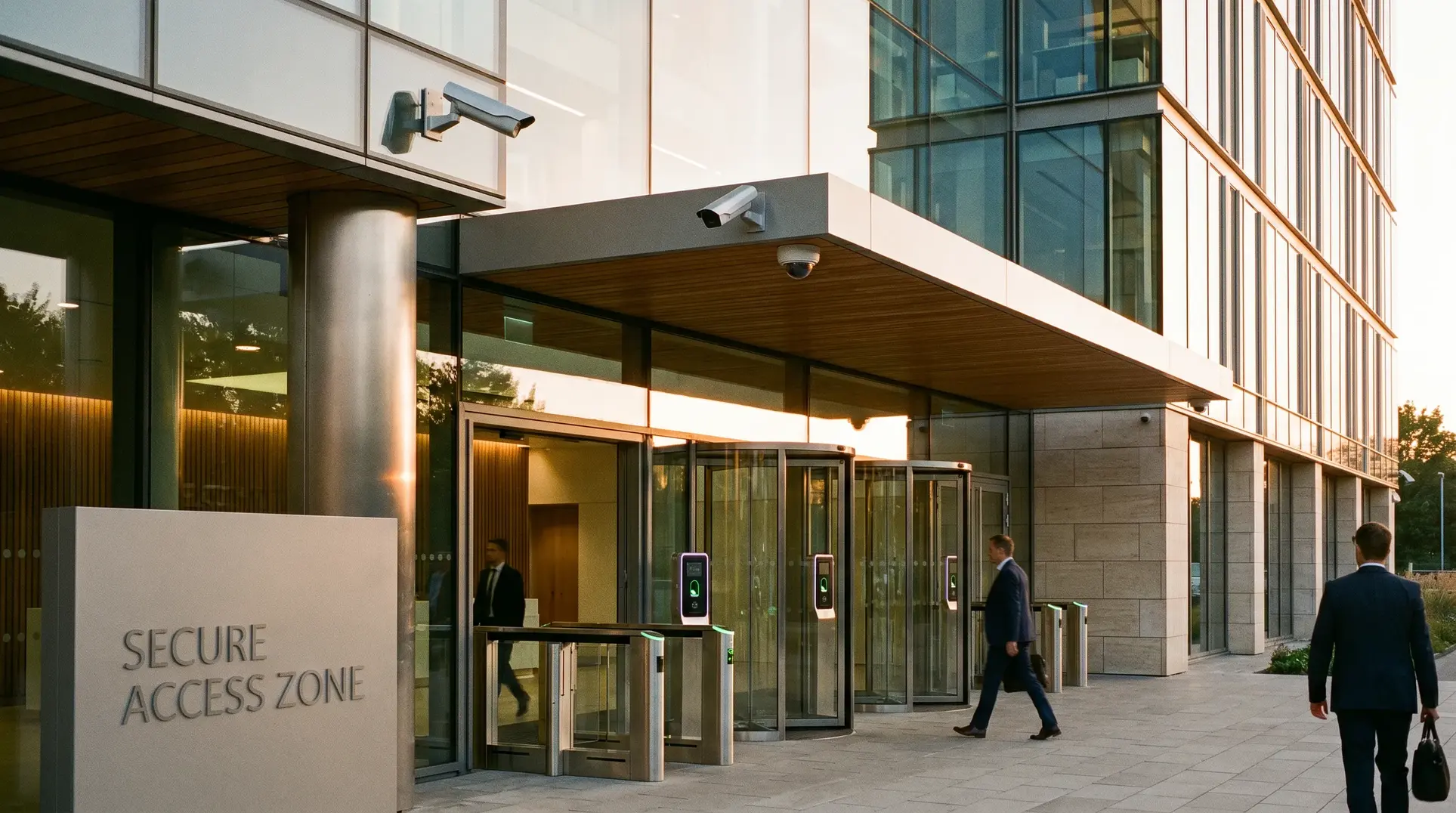 Entrance to a sleek, modern office building featuring glass doors, security turnstiles with electronic access panels, and a 'Secure Access Zone' sign. Security cameras are mounted near the entrance, and people in business attire are walking in and out. The building has large glass windows and a contemporary design.