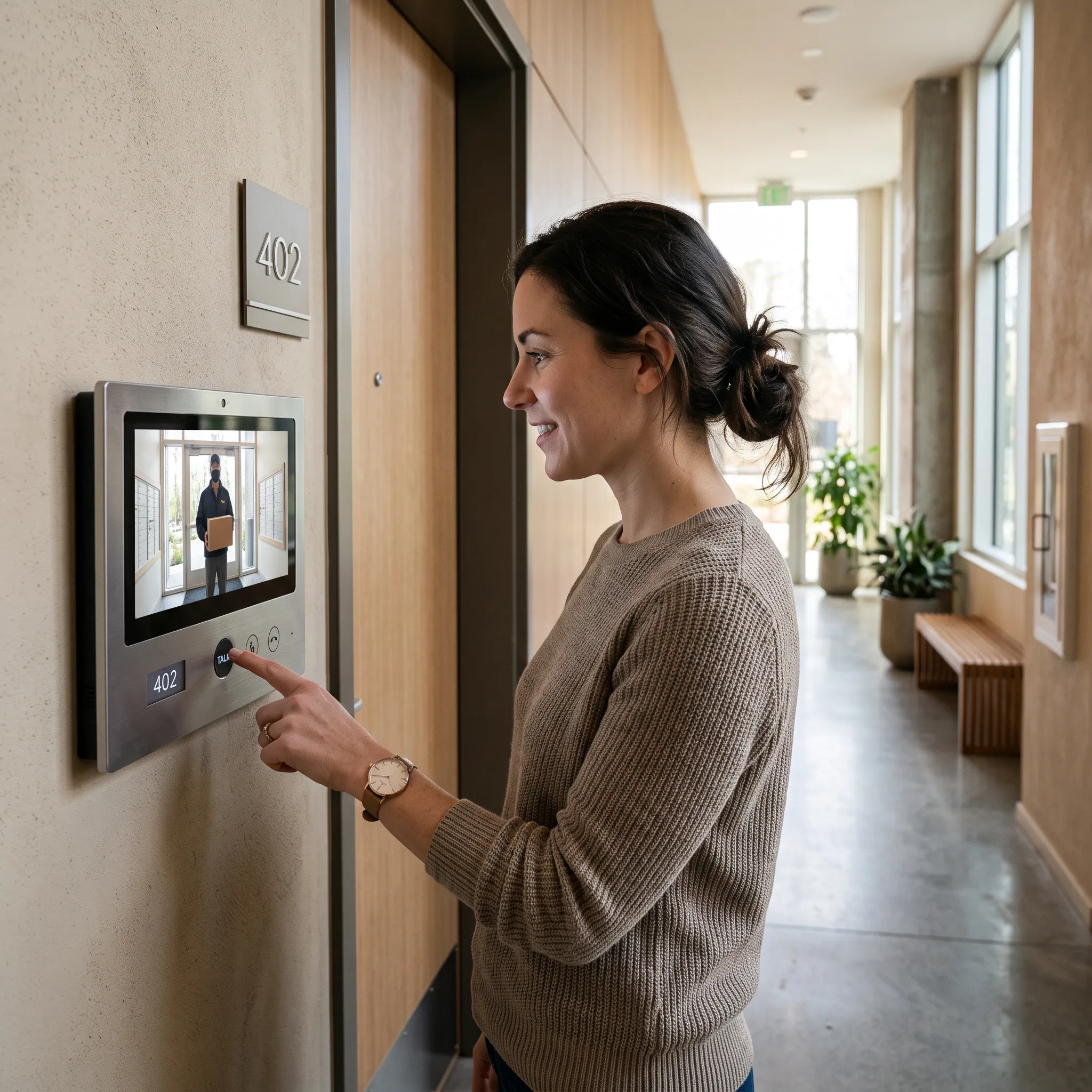 Tenant answering intercom video call on wall-mounted indoor station showing visitor at lobby entrance