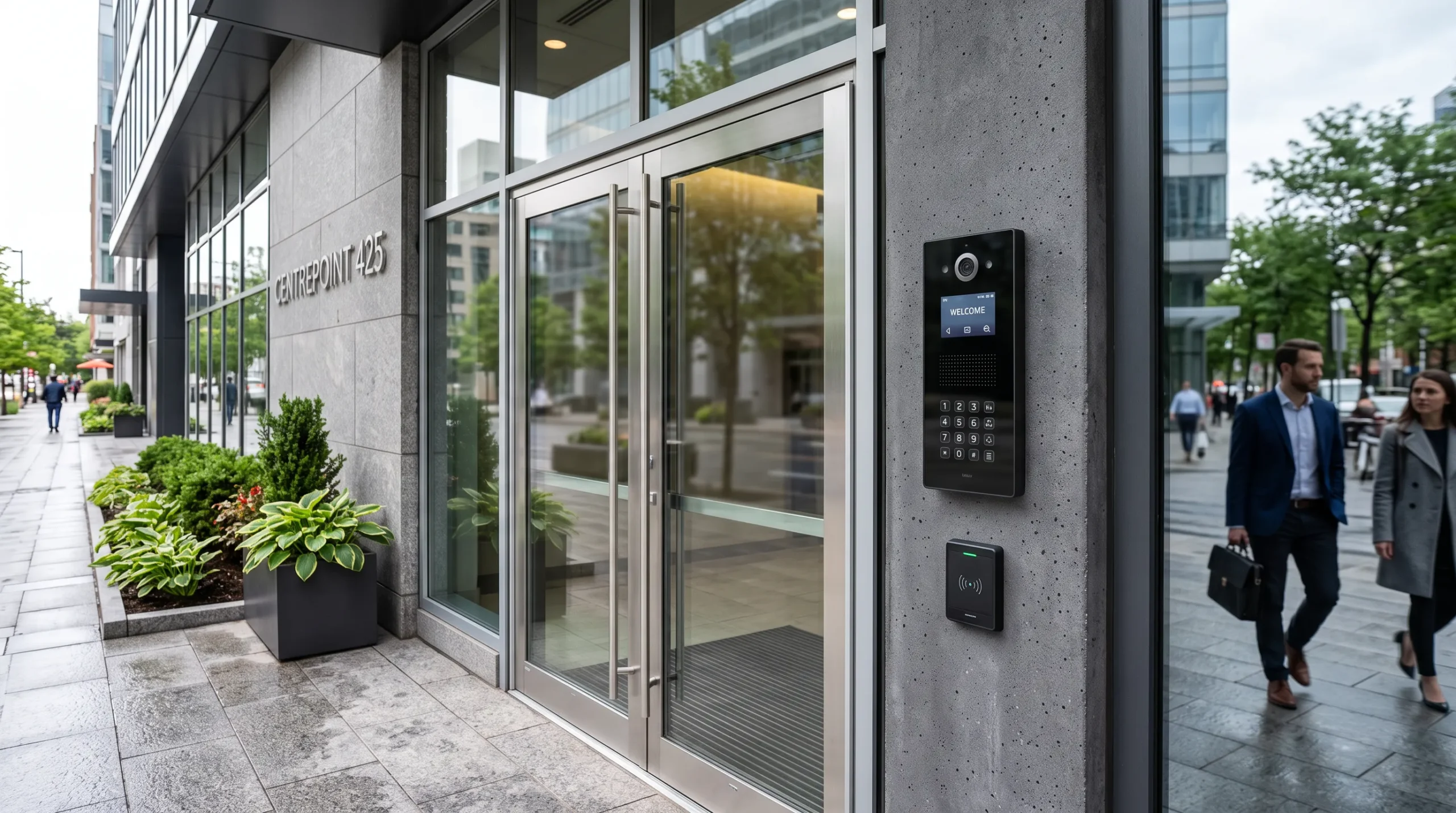 Modern commercial building entrance with integrated video intercom panel and access control reader on wall