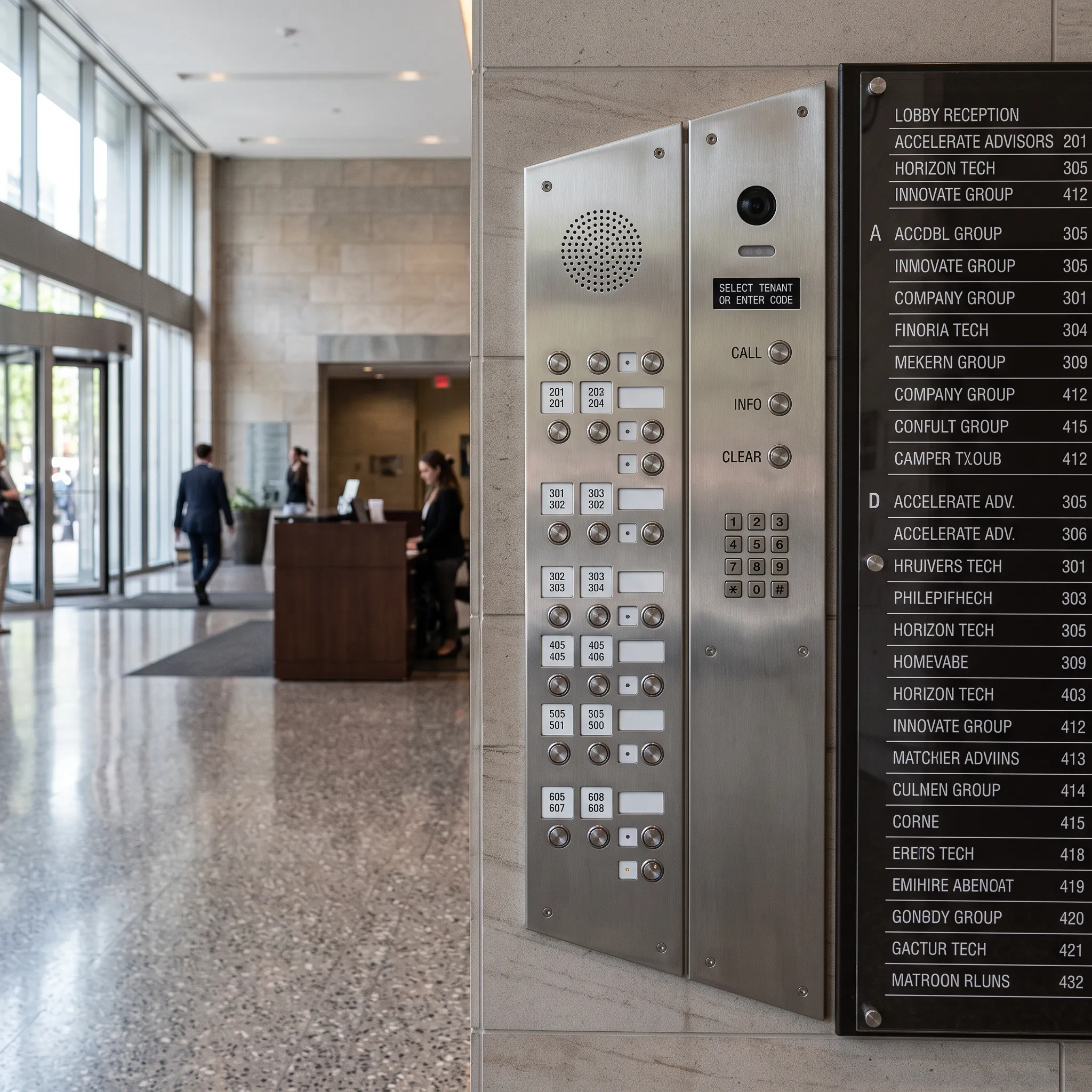 Row of intercom call buttons and directory panel in multi-tenant commercial building lobby