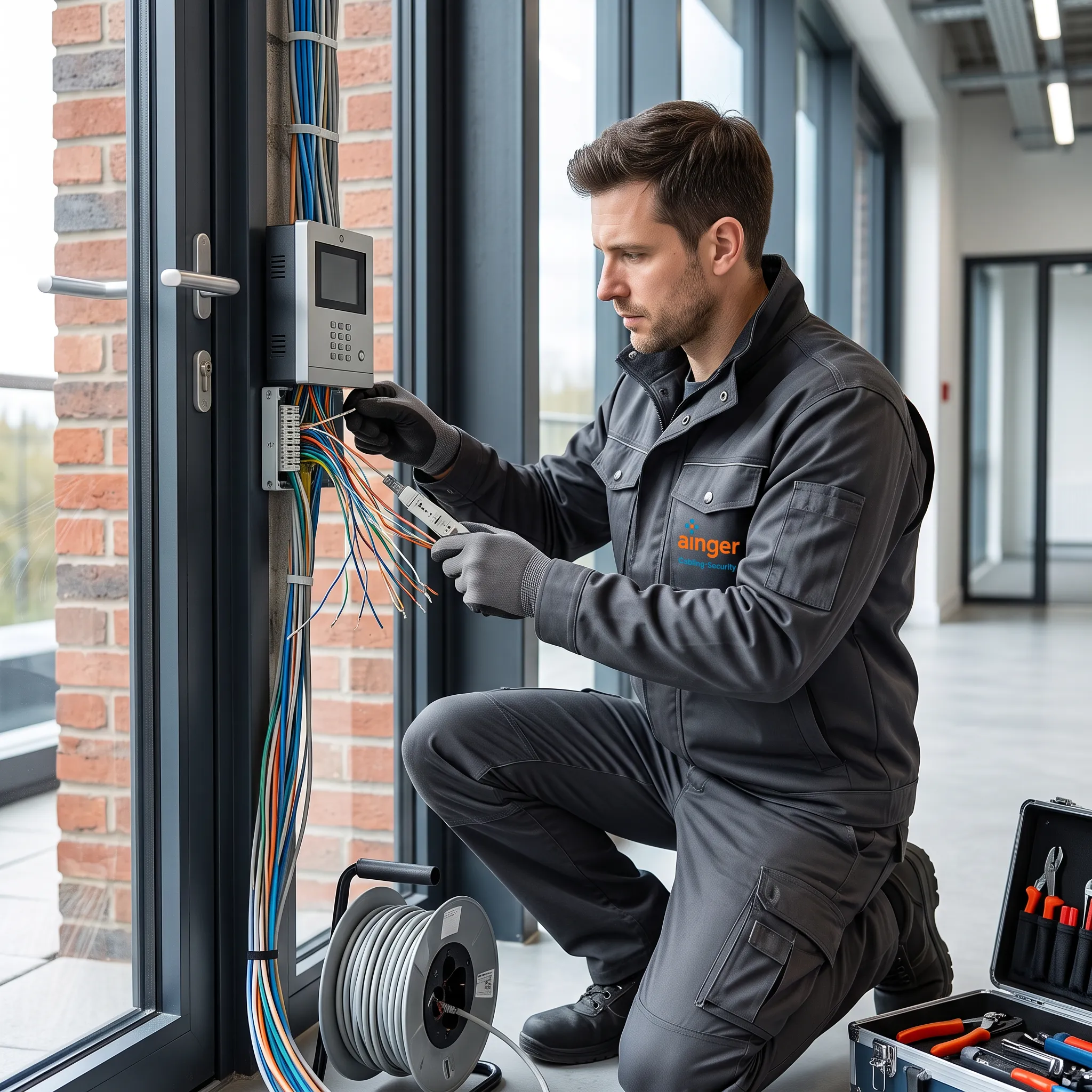 Technician installing and wiring video intercom station beside commercial door with structured cabling visible