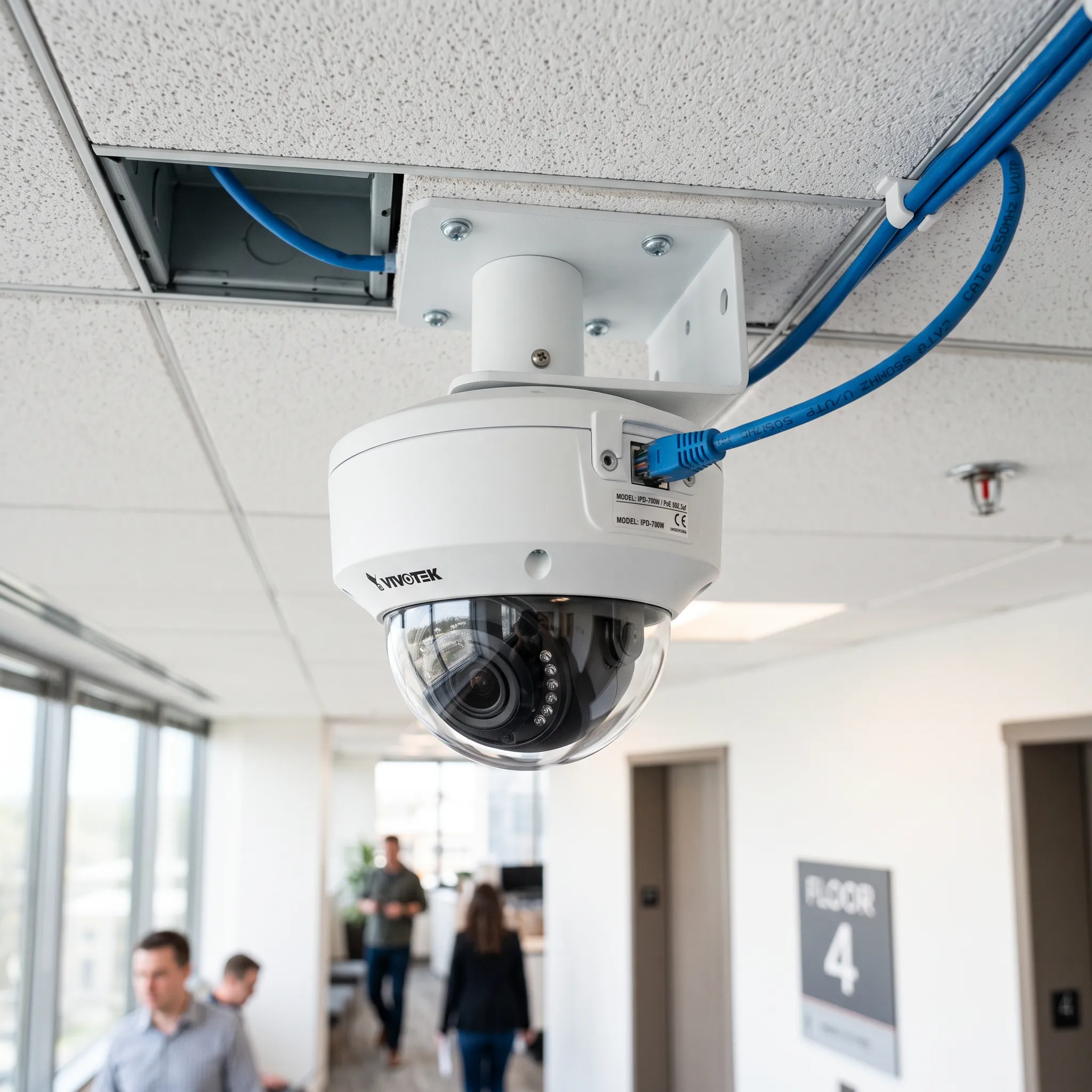 IP camera connected via Cat6 network cable with Power over Ethernet providing both data and power through single cable