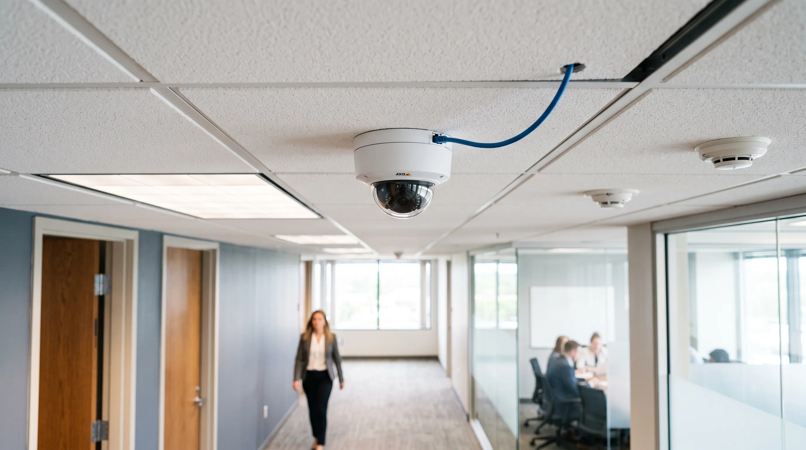 IP dome camera installed on commercial facility ceiling with Cat6 network cable providing Power over Ethernet connection