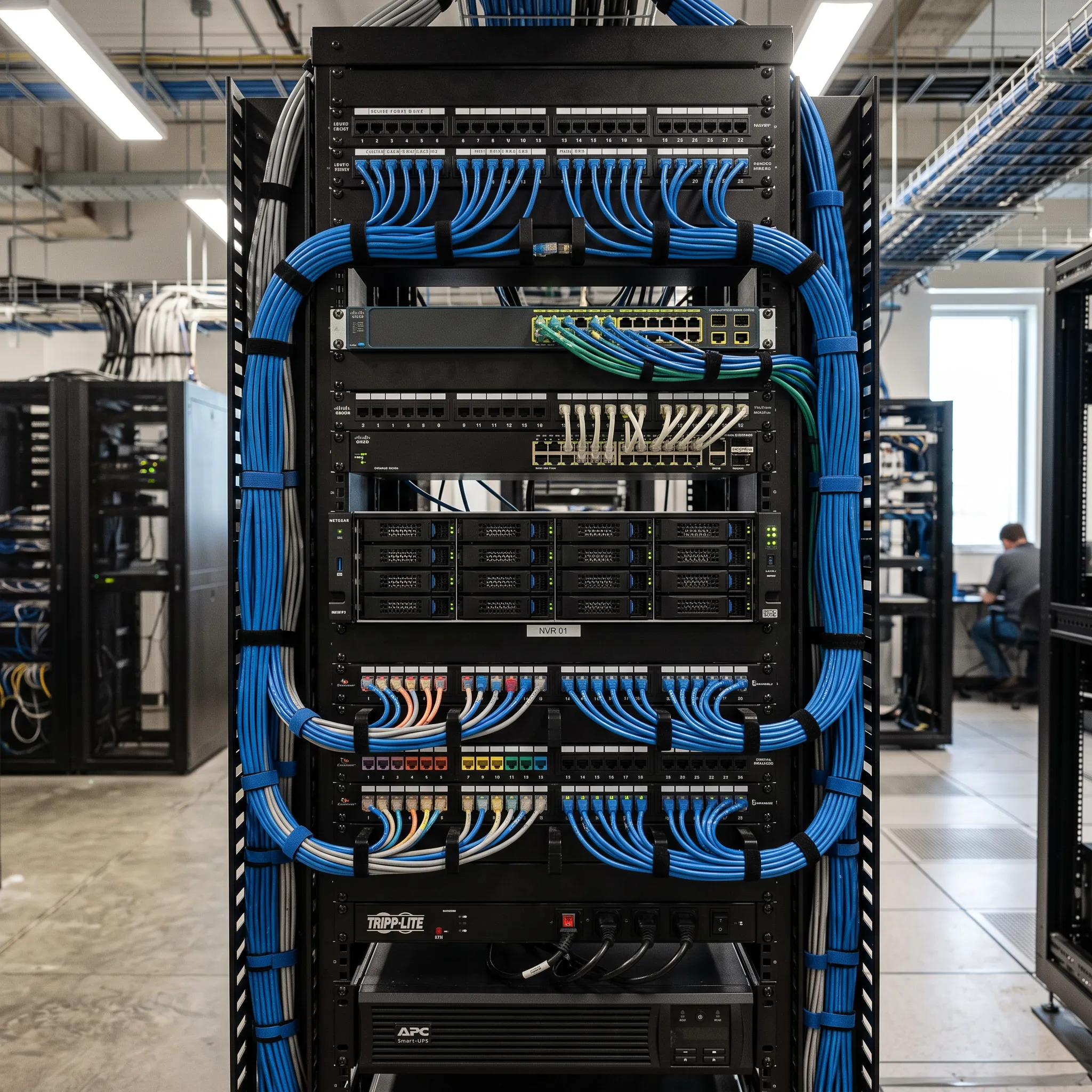 Commercial network rack with PoE switches and NVR hardware for IP camera system deployment