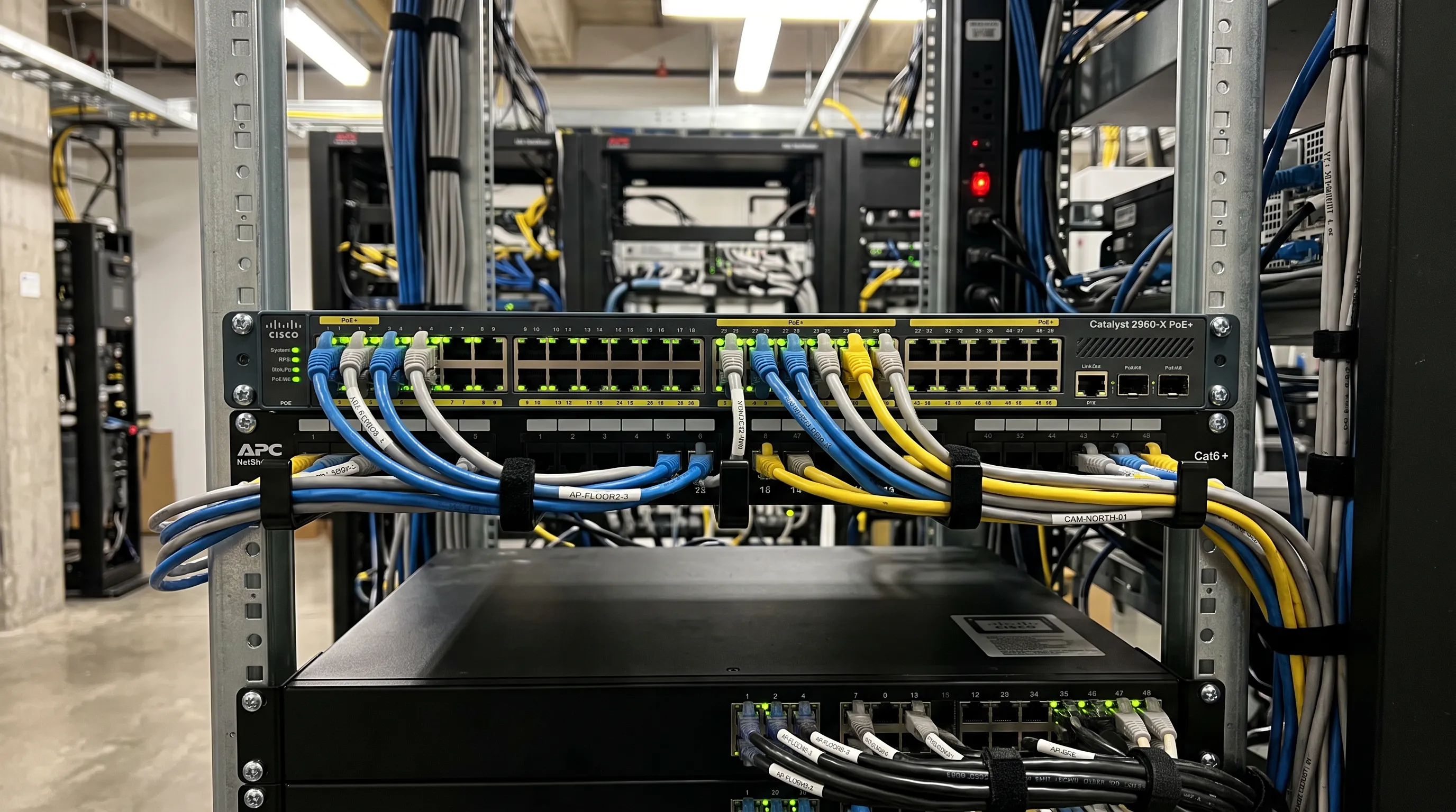 IP camera system PoE network switch with structured cabling connections in commercial facility equipment room