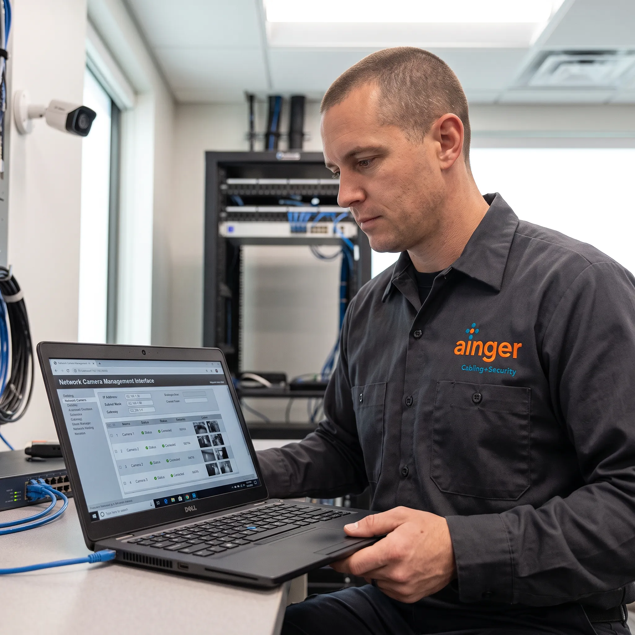 Technician configuring IP camera network settings on laptop during commercial surveillance system installation