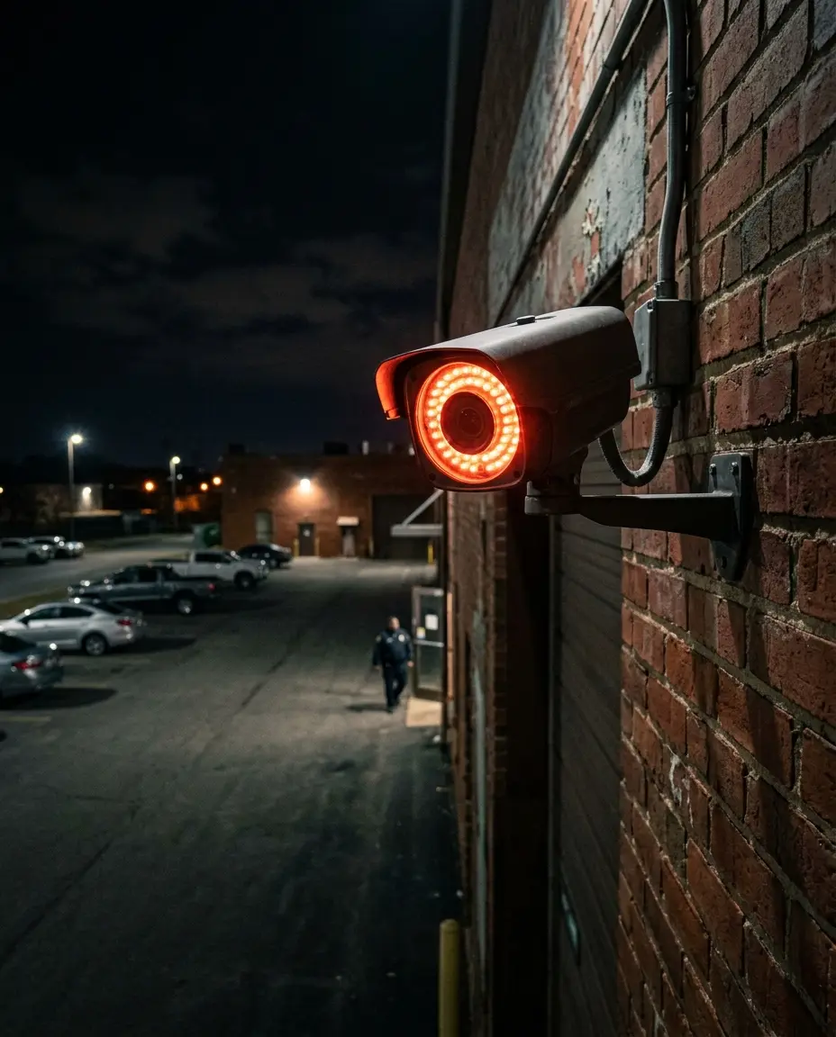 Night vision security camera with infrared illumination monitoring commercial facility perimeter for live remote video monitoring