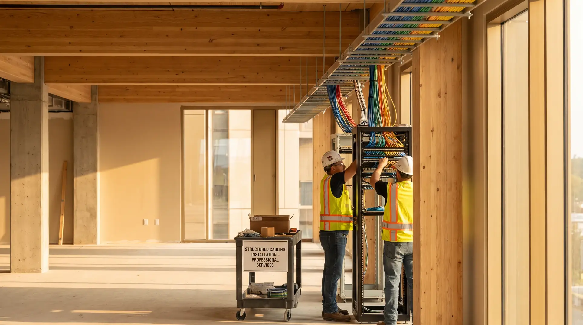 Two construction workers wearing safety helmets and reflective vests are working on a structured cabling installation in an unfinished building interior. They are handling a rack with organized colorful cables next to a cart with a sign reading 'Structured Cabling Installation - Professional Services.' The space has wooden beams, large windows, and concrete columns.