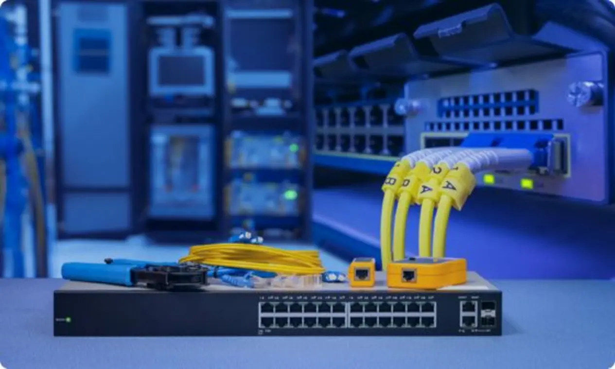 A professional networking environment featuring a black network switch with numerous Ethernet ports, yellow Ethernet cables (Cat5e or Cat6) connected to the switch, some labeled for organization. A yellow fiber optic cable indicates high-speed networking capabilities. Network tools, such as a cable tester or crimping tool, are also visible. The background shows additional equipment or servers, emphasizing a data center or IT environment.