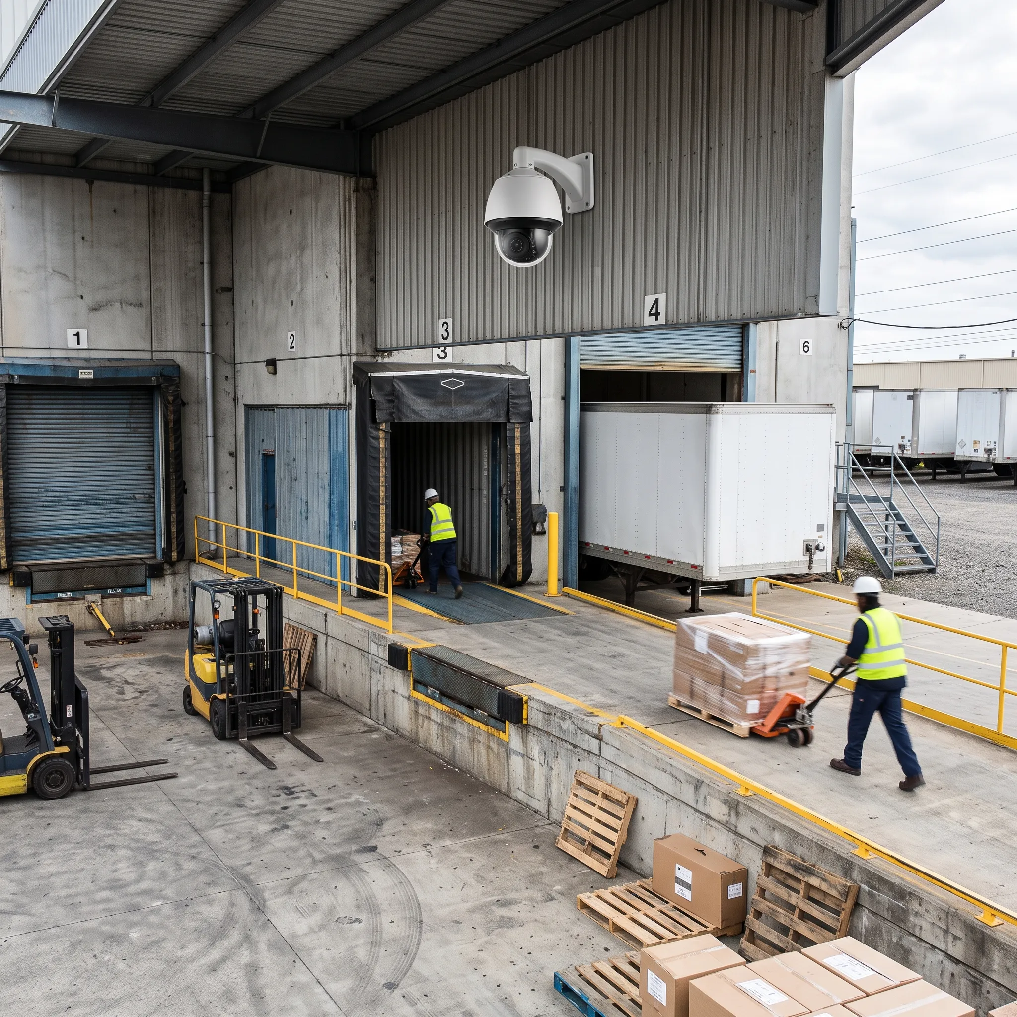 Warehouse loading dock with surveillance camera covering receiving area