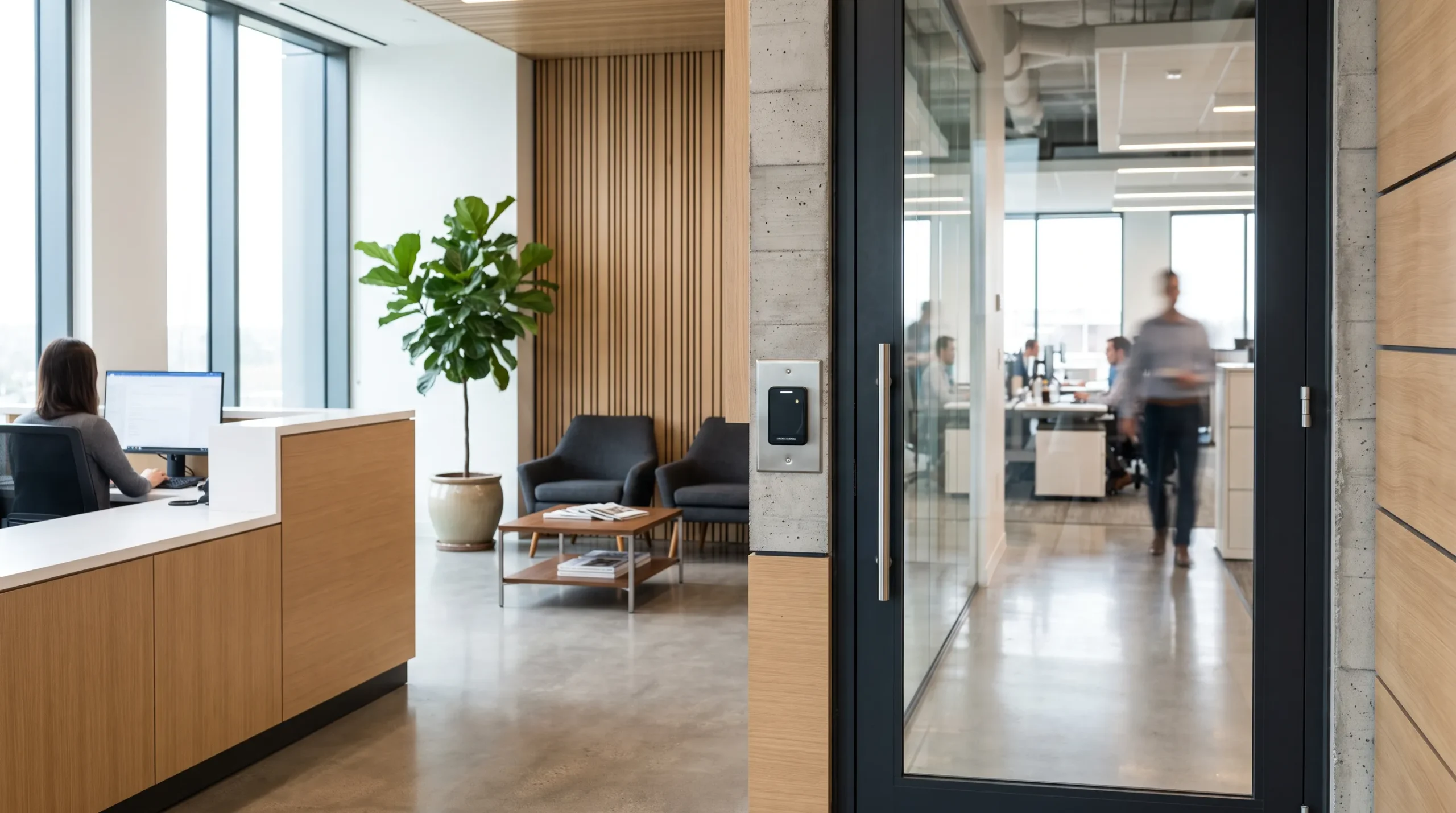 Commercial office reception with access control reader and secure glass entry door