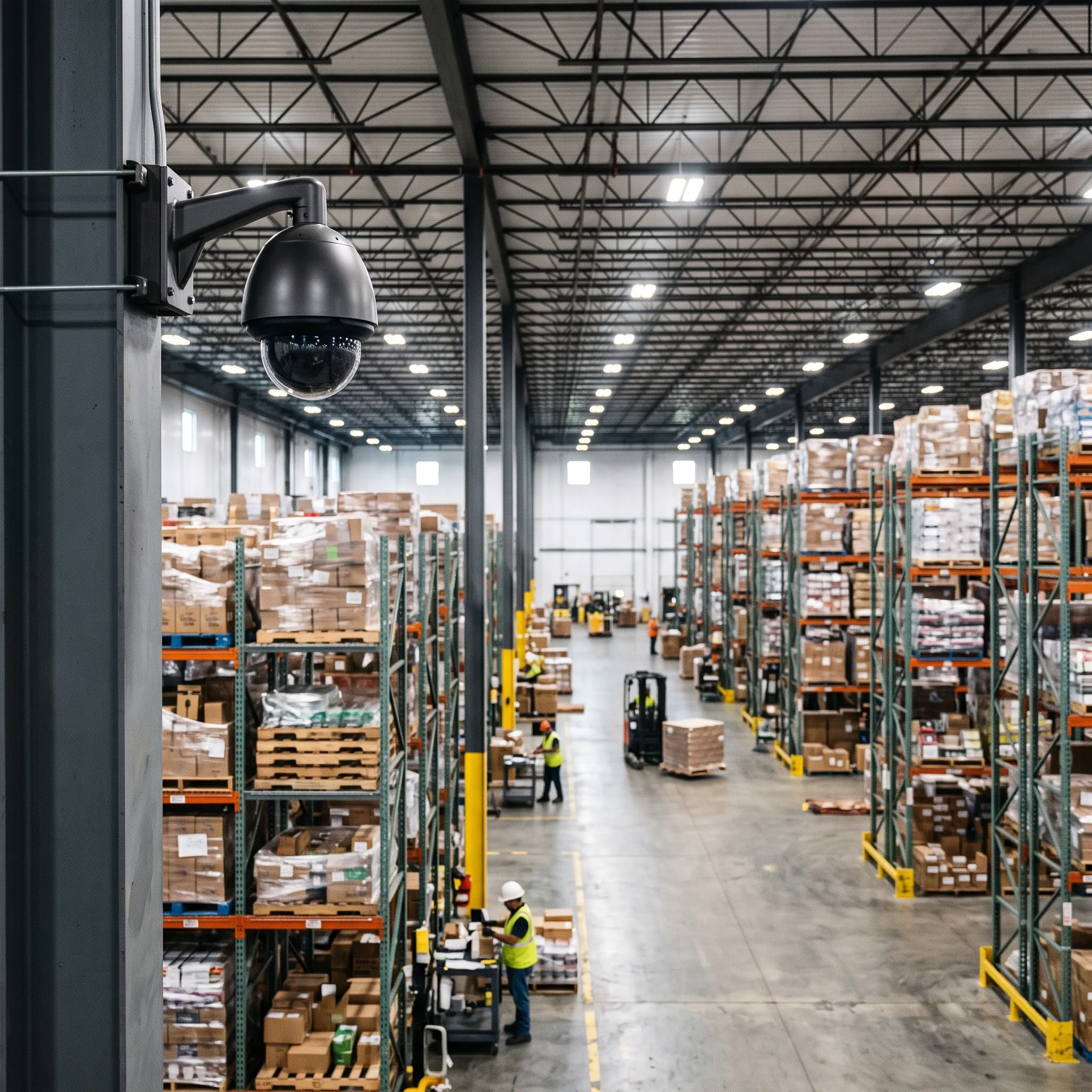 Warehouse interior with high-mounted surveillance camera covering floor area