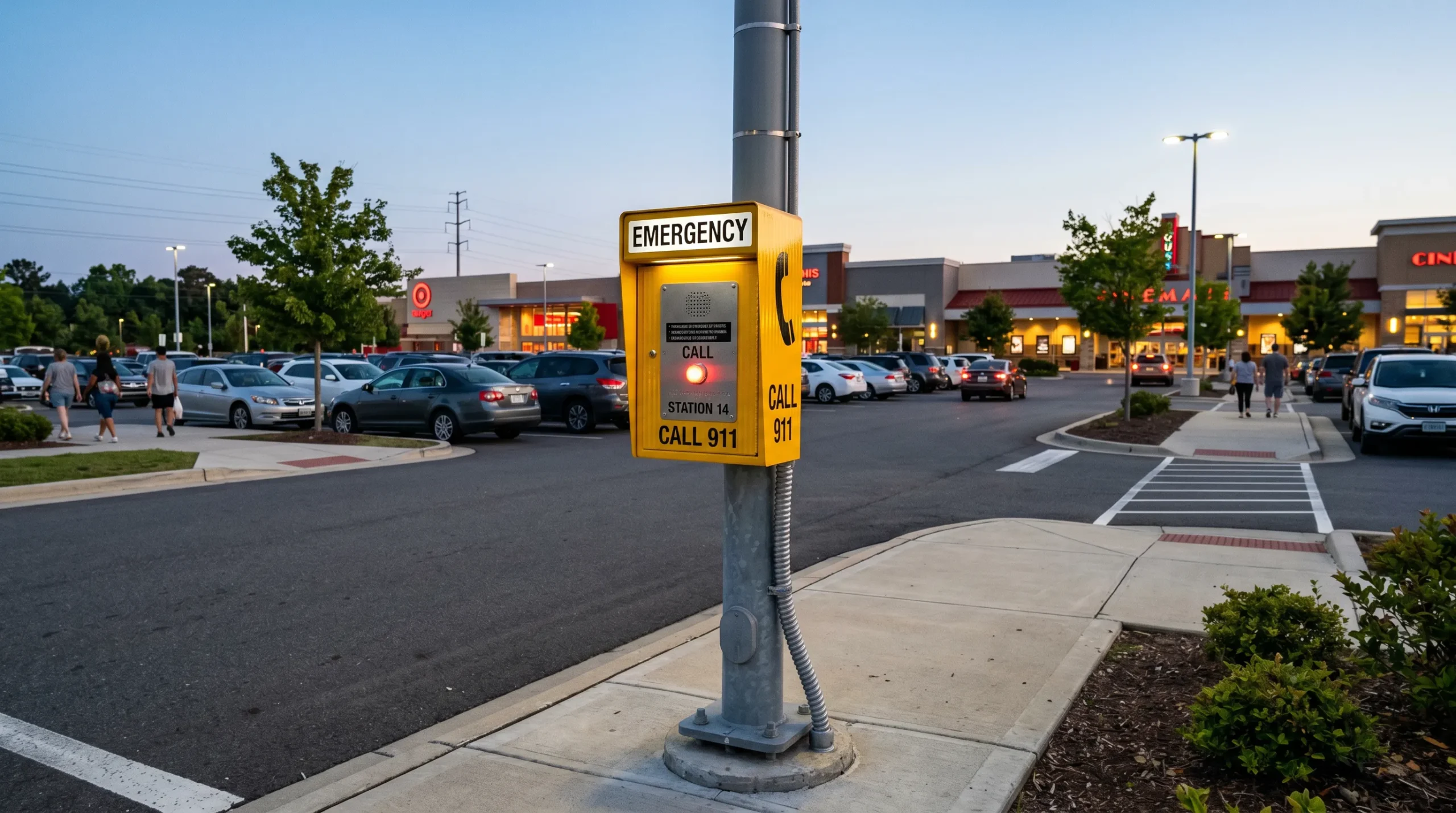 Outdoor emergency call box station mounted on pole in commercial parking lot at dusk with illuminated call button