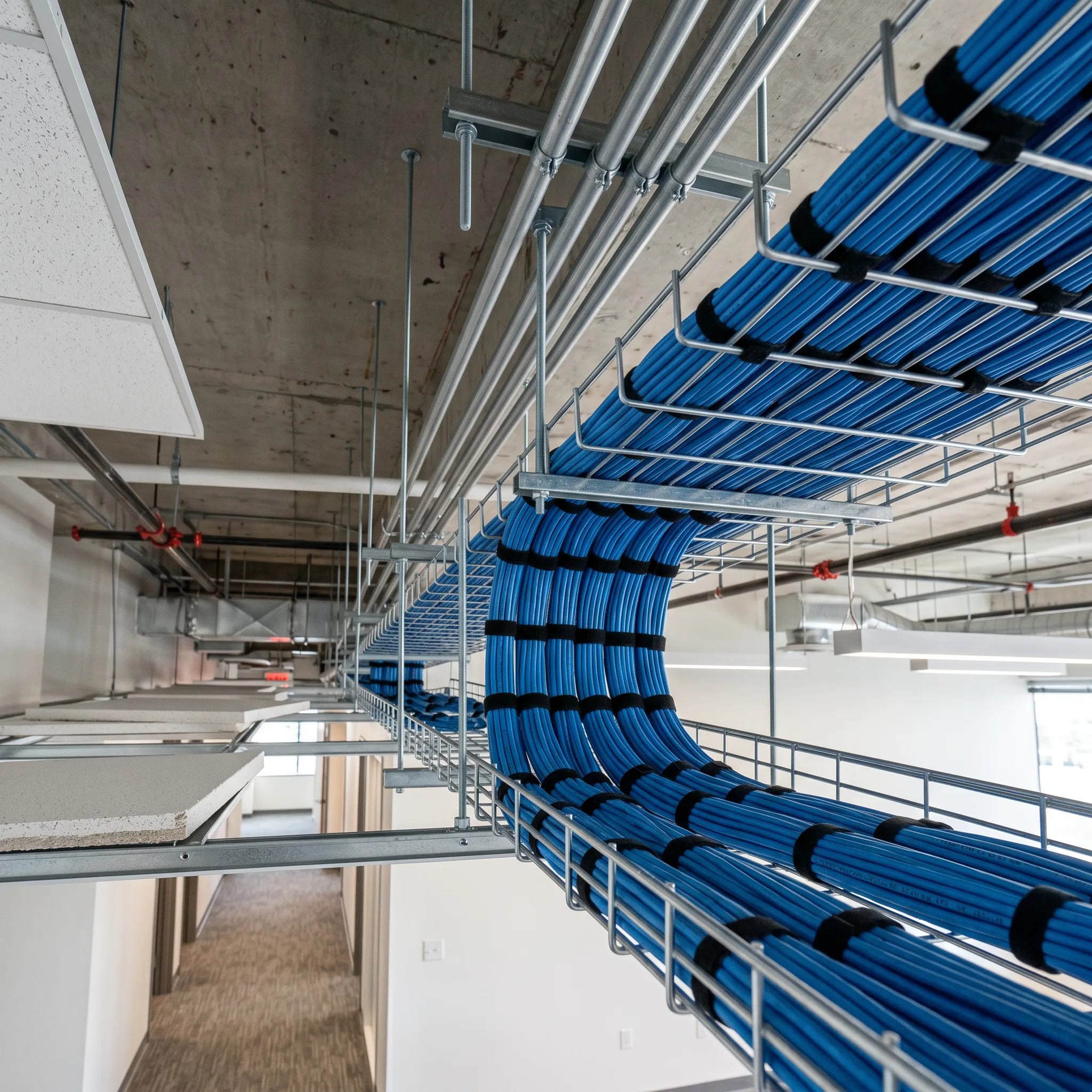 Plenum-rated structured cabling installation in commercial office drop ceiling with organized cable pathways and proper separation
