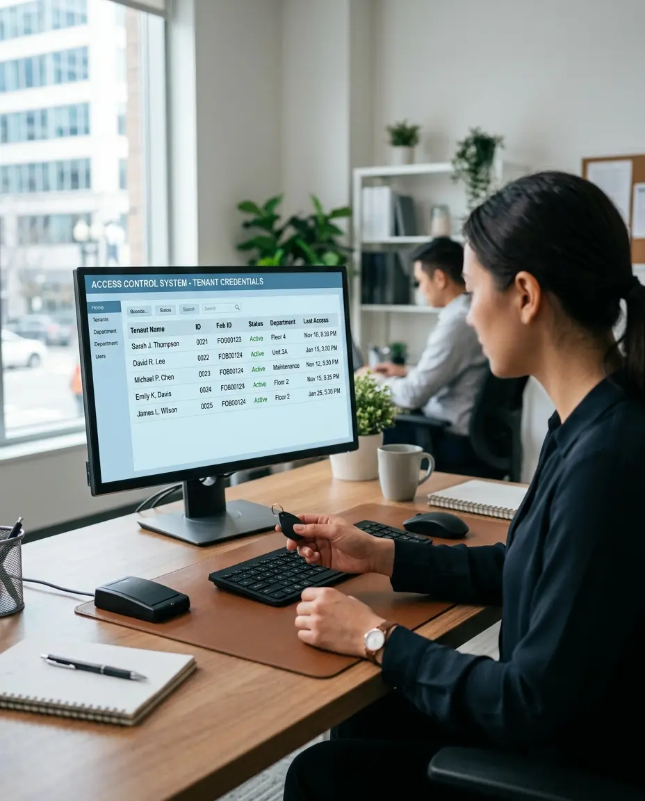 Property management staff member updating tenant fob credentials in an access control platform