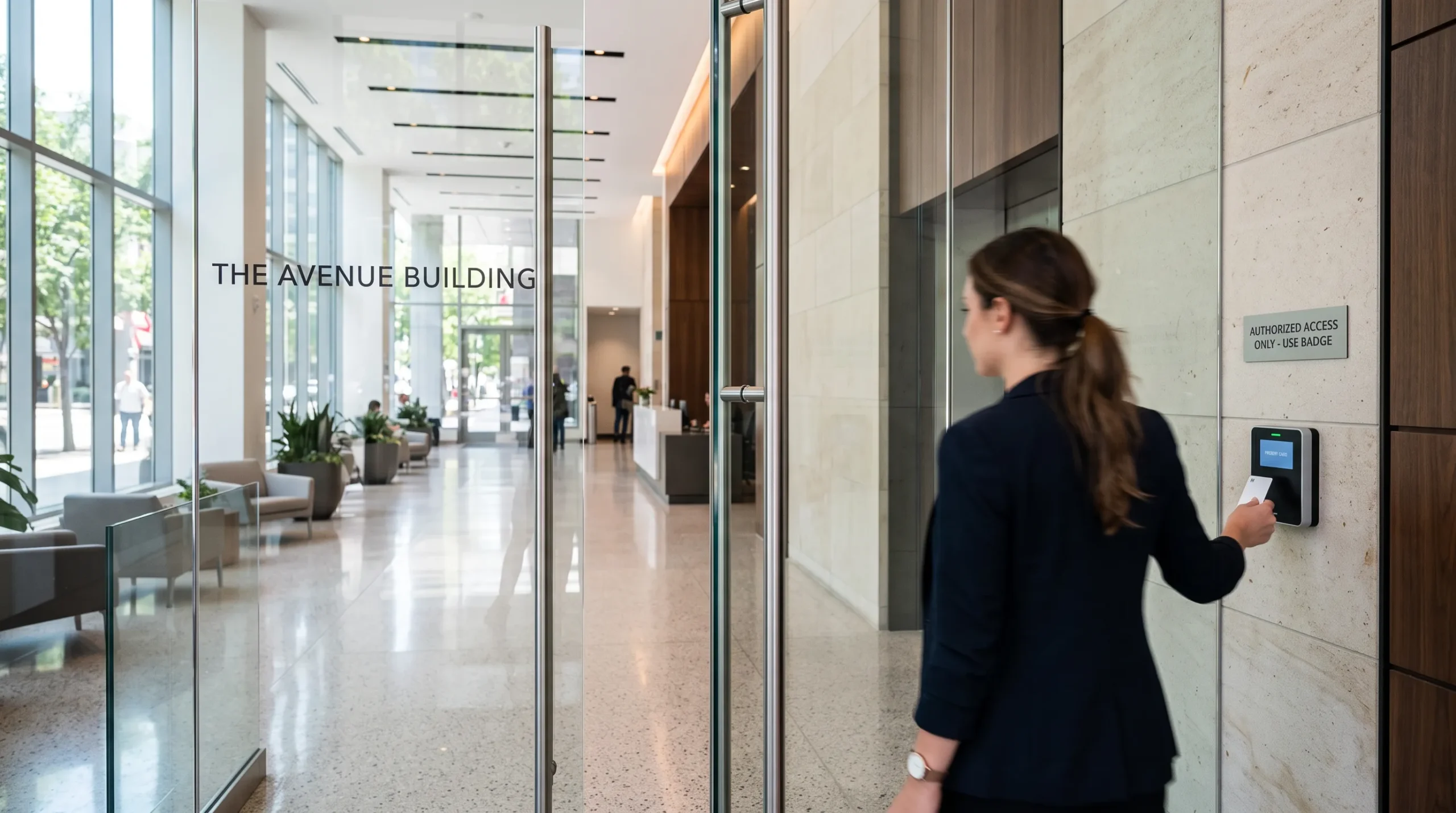 Tenant presenting an access card to a reader at the glass entry doors of a multi-tenant building lobby