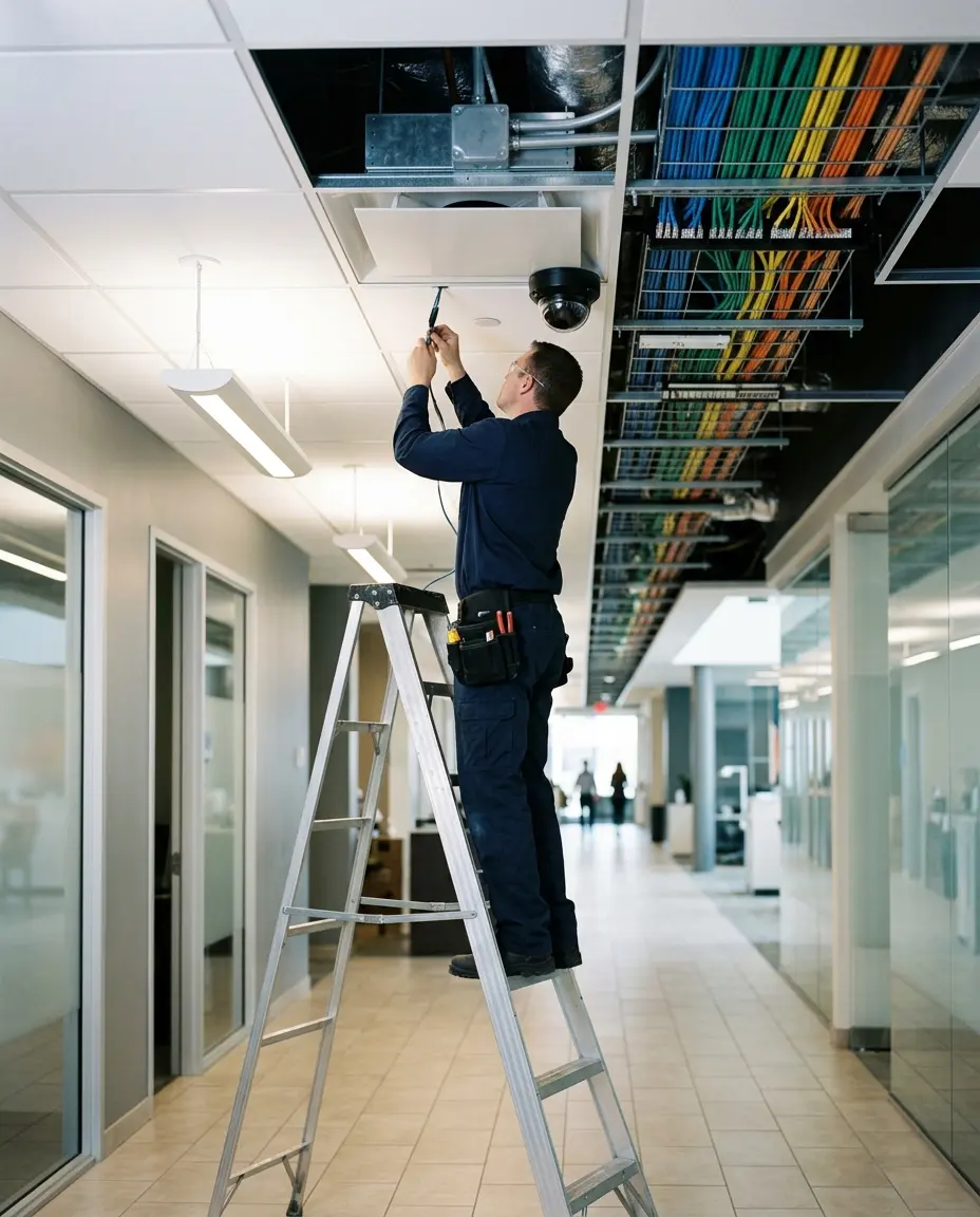Technician installing a dome camera in a corridor ceiling beside organized cable trays