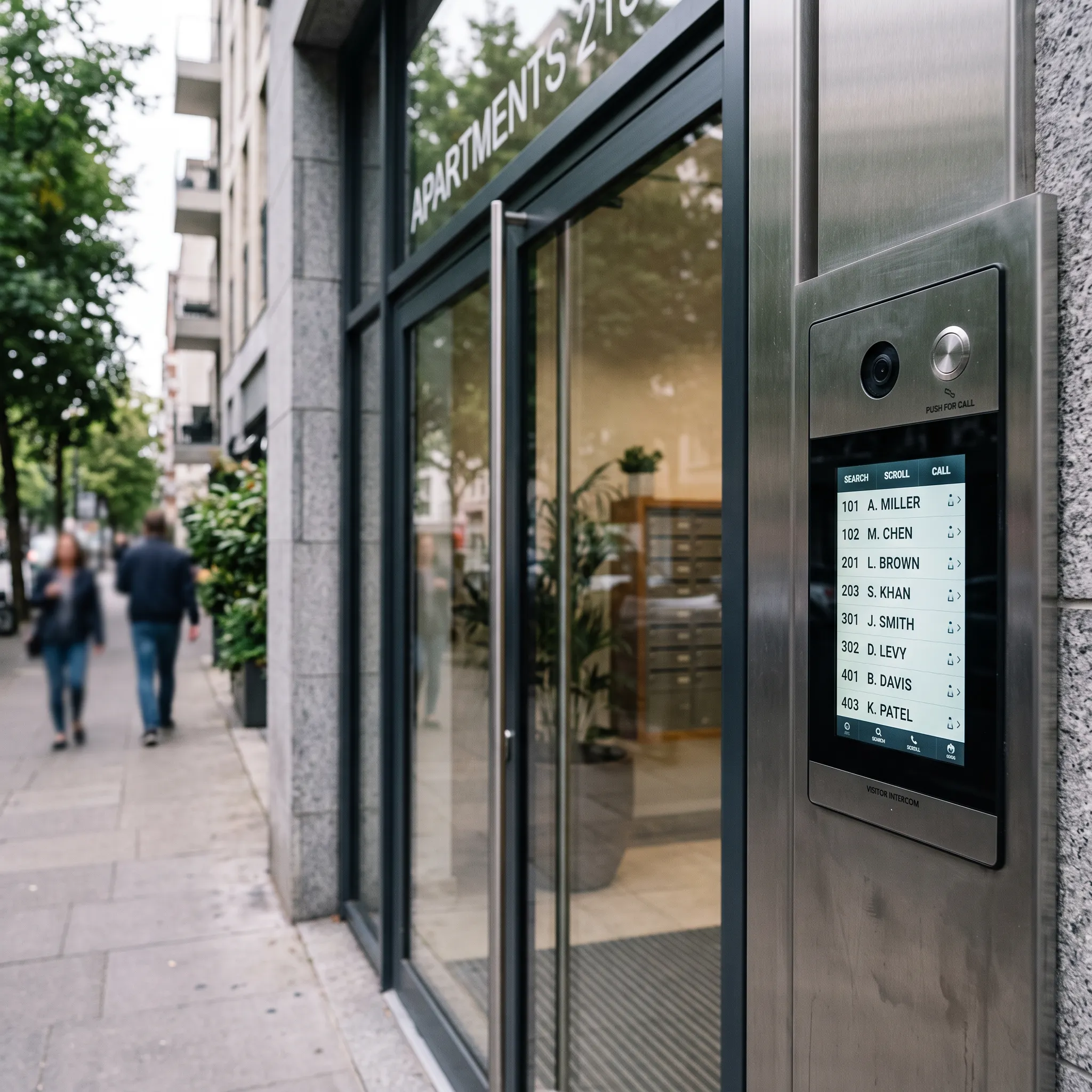 Video intercom panel with a resident directory beside the glass entrance of an apartment building