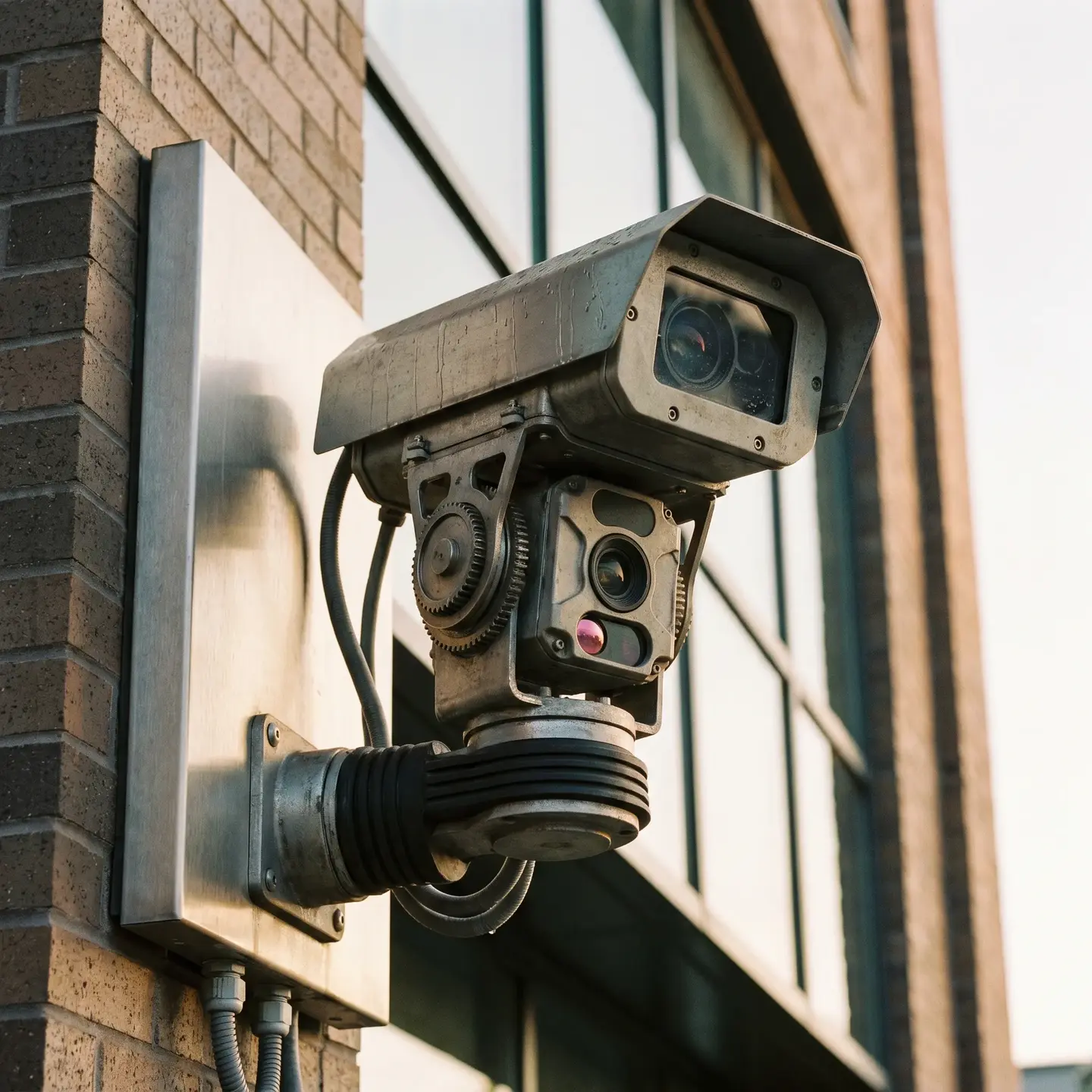 A close-up view of a security camera with a metallic casing mounted on the exterior wall of a building. The camera is connected to cables and is positioned against a backdrop of a brick wall and glass windows.
