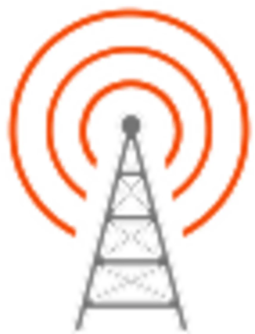 A gray radio tower emitting orange concentric waves, symbolizing wireless communication and broadcasting.