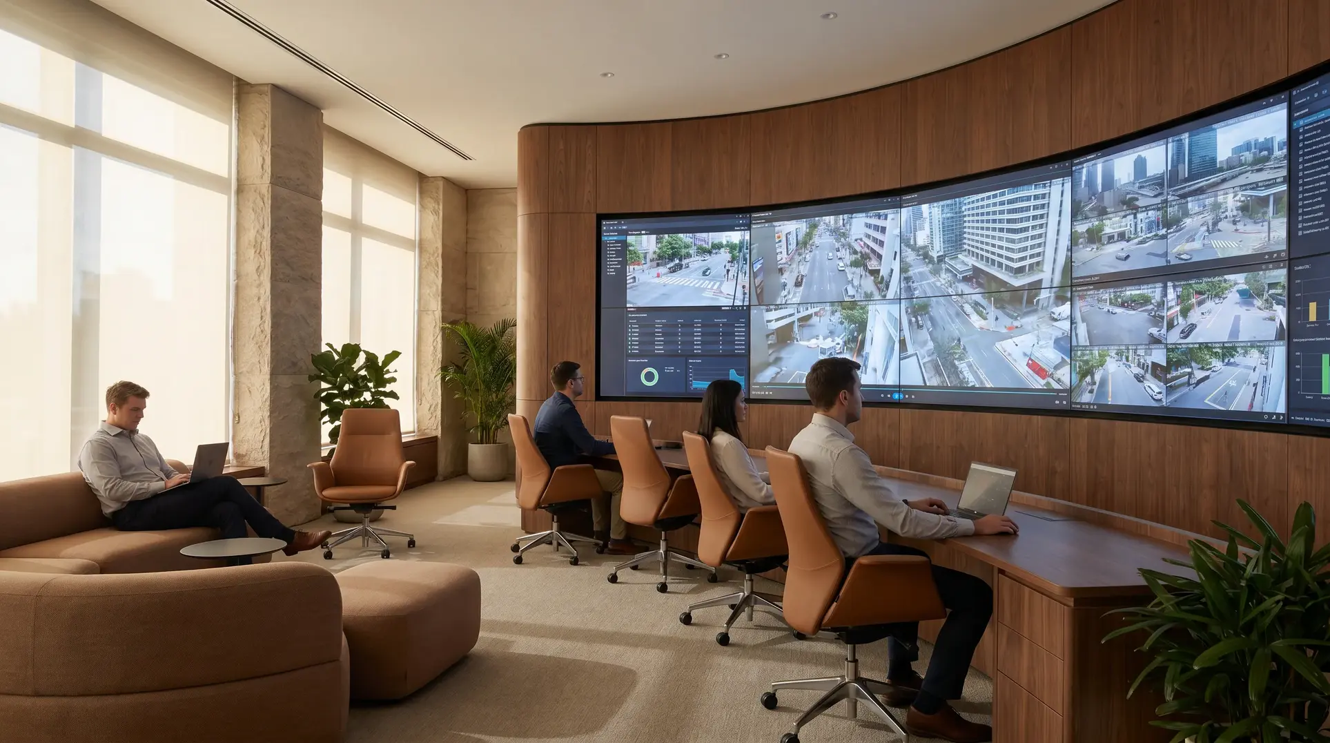 A modern office environment featuring a large curved screen displaying various street views, likely for security monitoring or urban planning. The space includes people working collaboratively, laptops, comfortable seating, and indoor plants, creating a productive and inviting workspace.