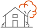 Minimalist line-art icon of a white house with door, window, and chimney next to a stylized orange tree on a black background, representing residential homes or properties.