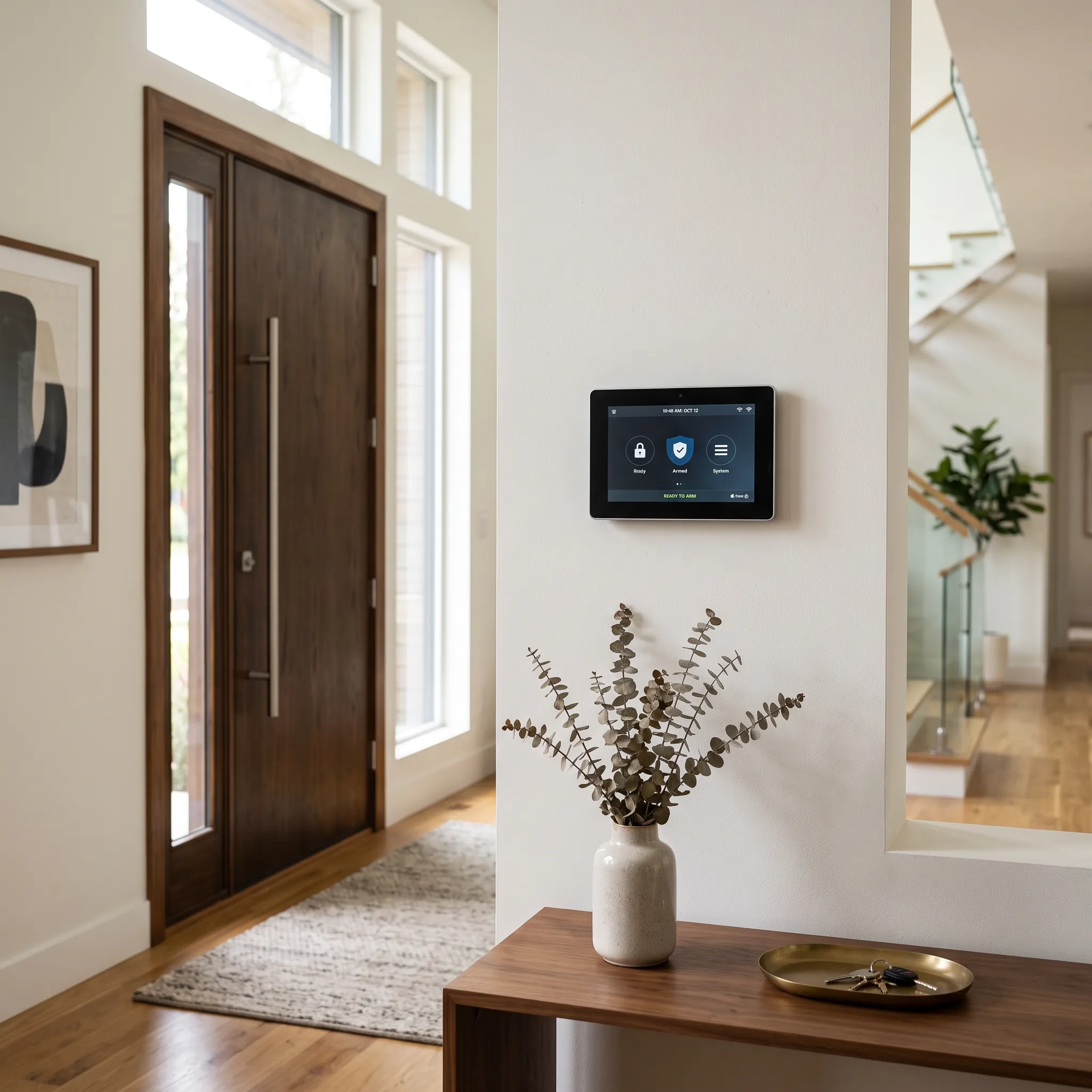 Residential alarm keypad mounted on interior wall near the front entry of a modern home