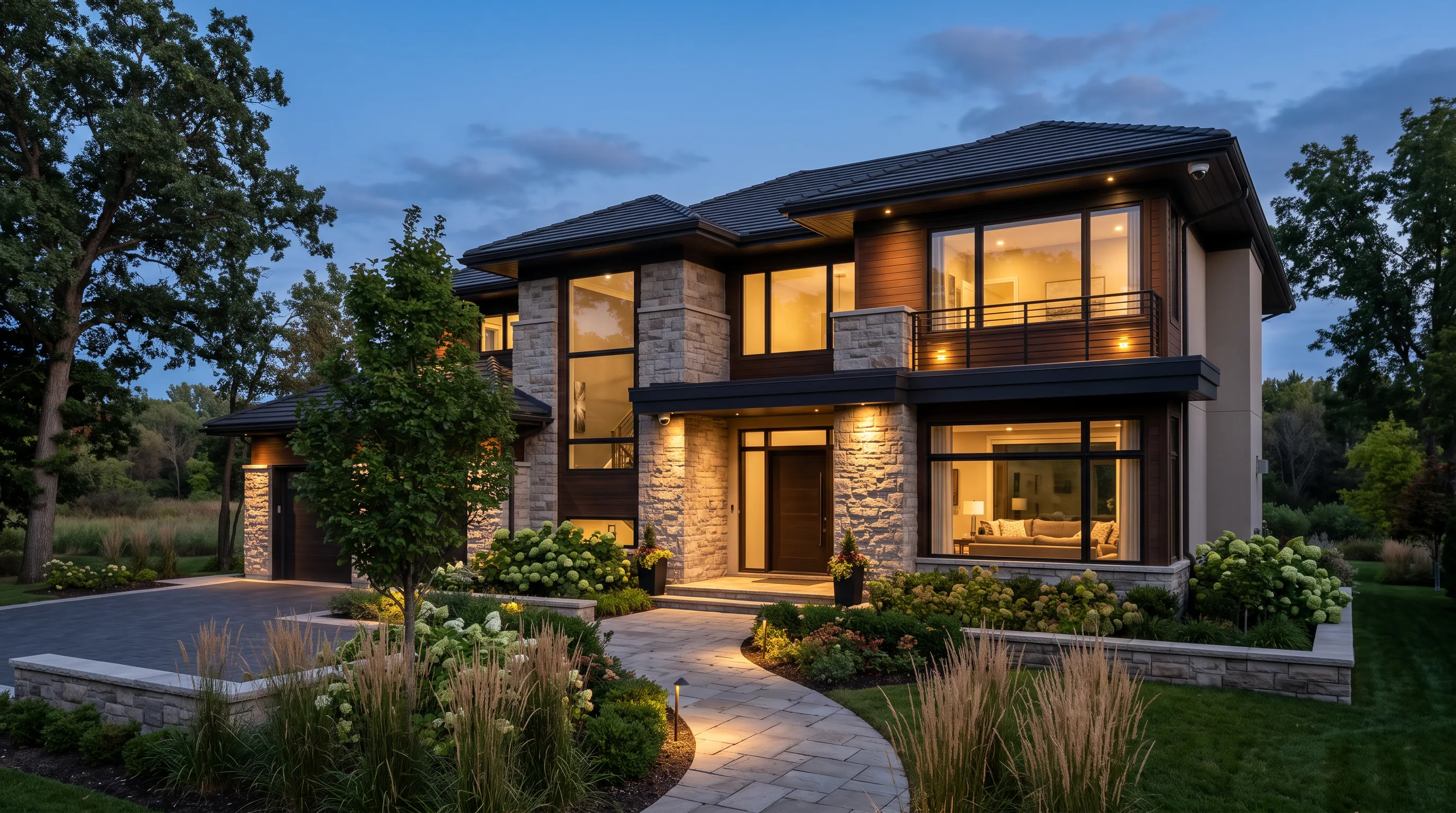 Upscale residential property exterior in the evening with integrated security lighting and camera coverage