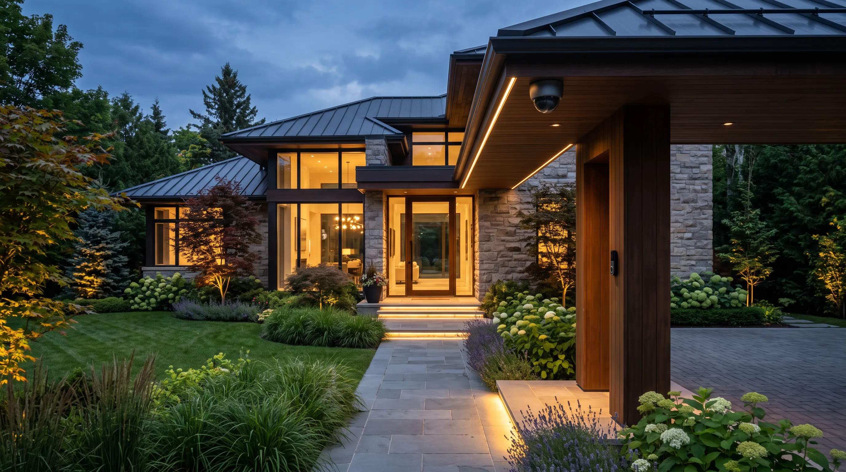 Modern residential home exterior at dusk with discreet security camera and warm interior lighting