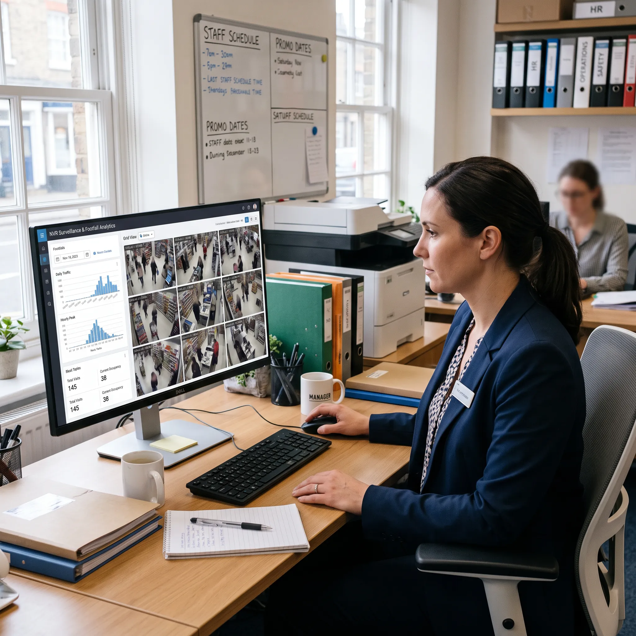 Store manager reviewing camera footage and footfall data on a computer in a retail back office