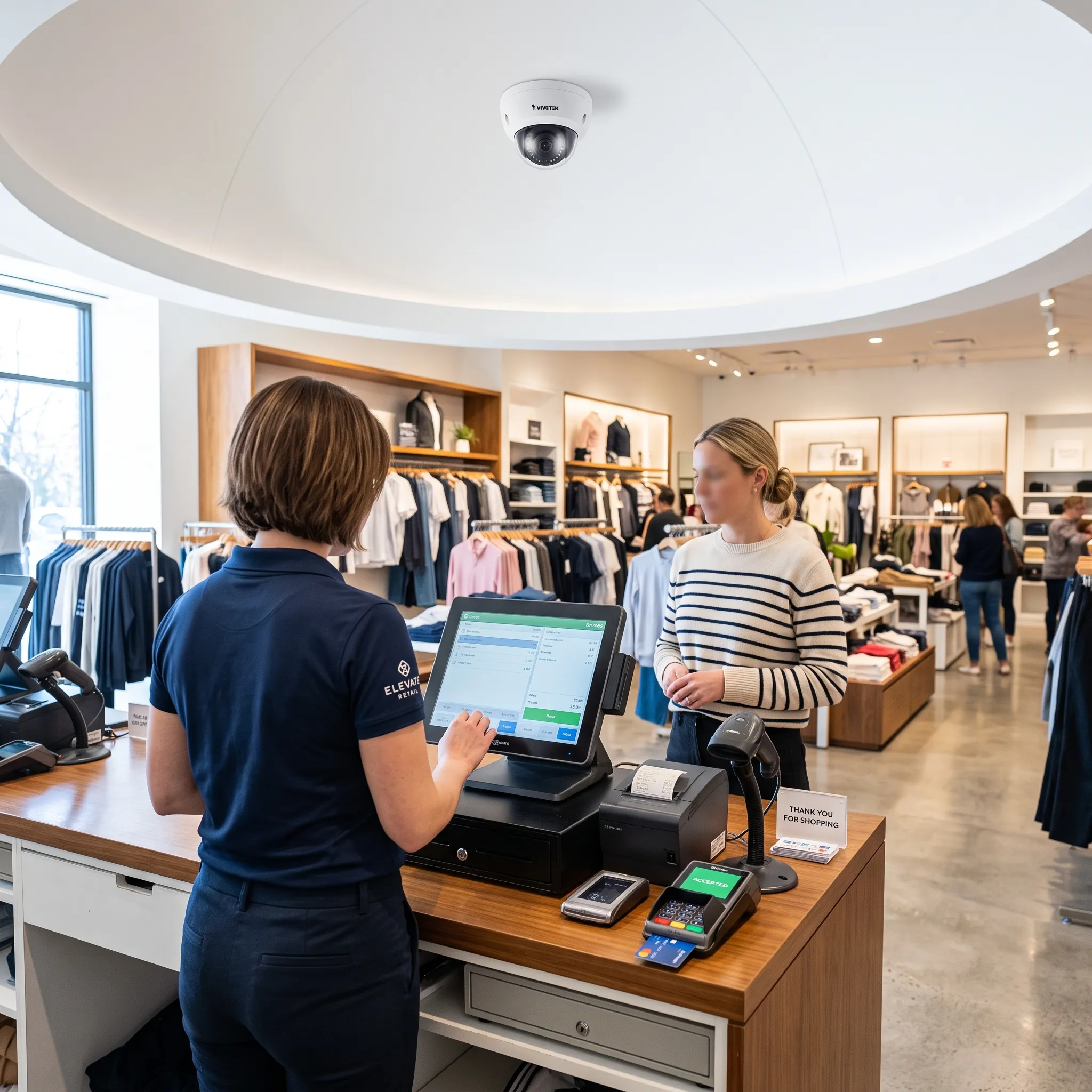 Retail point of sale counter with a ceiling camera positioned overhead covering the till area