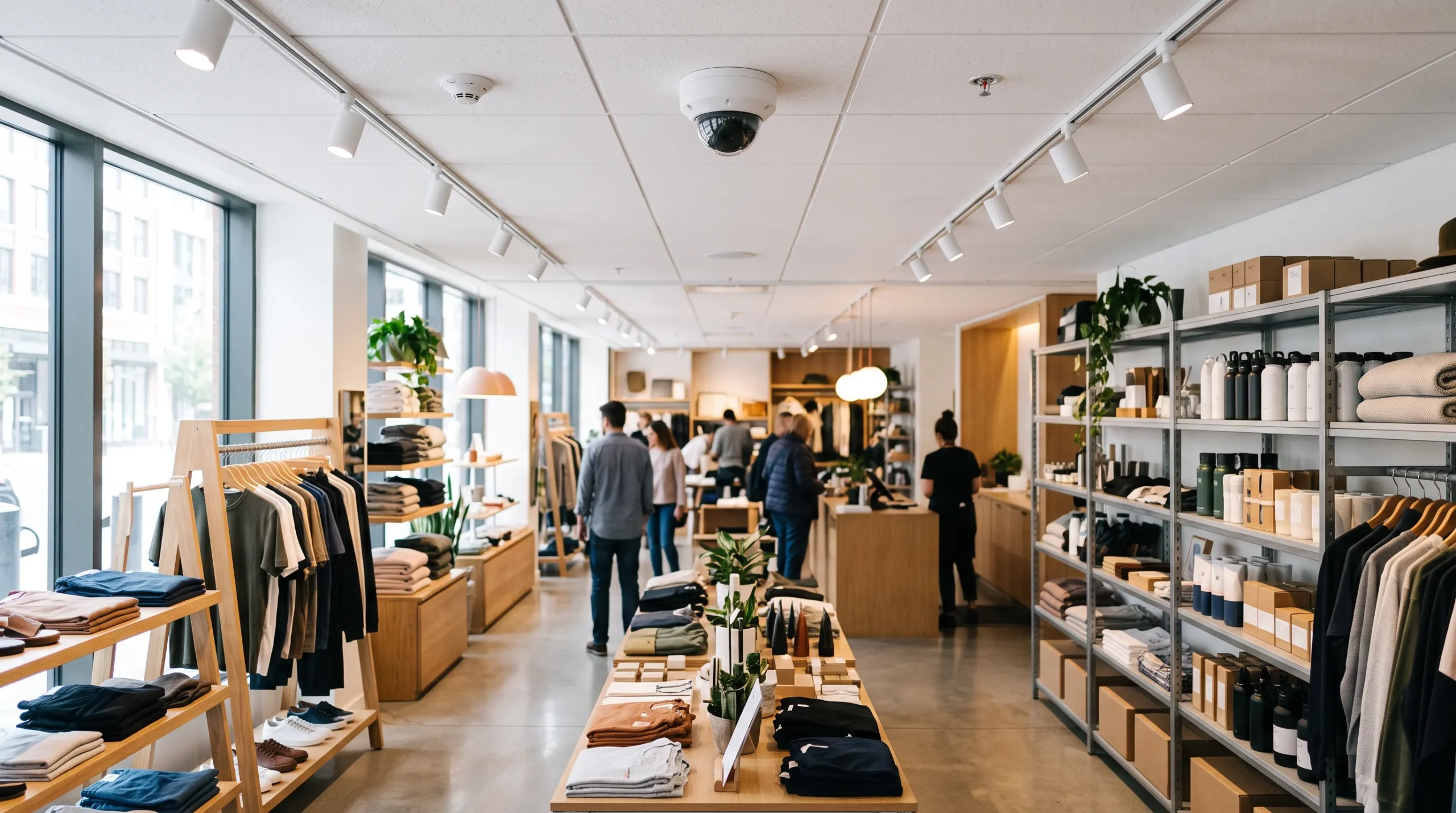 Interior of a modern retail store with a discreet dome camera on the ceiling above the sales floor