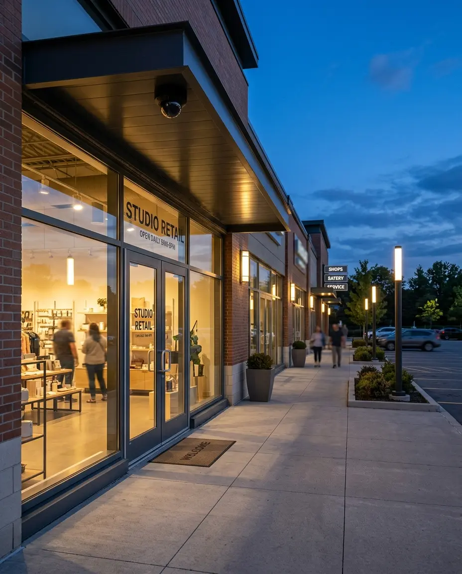 retail security storefront exterior dusk