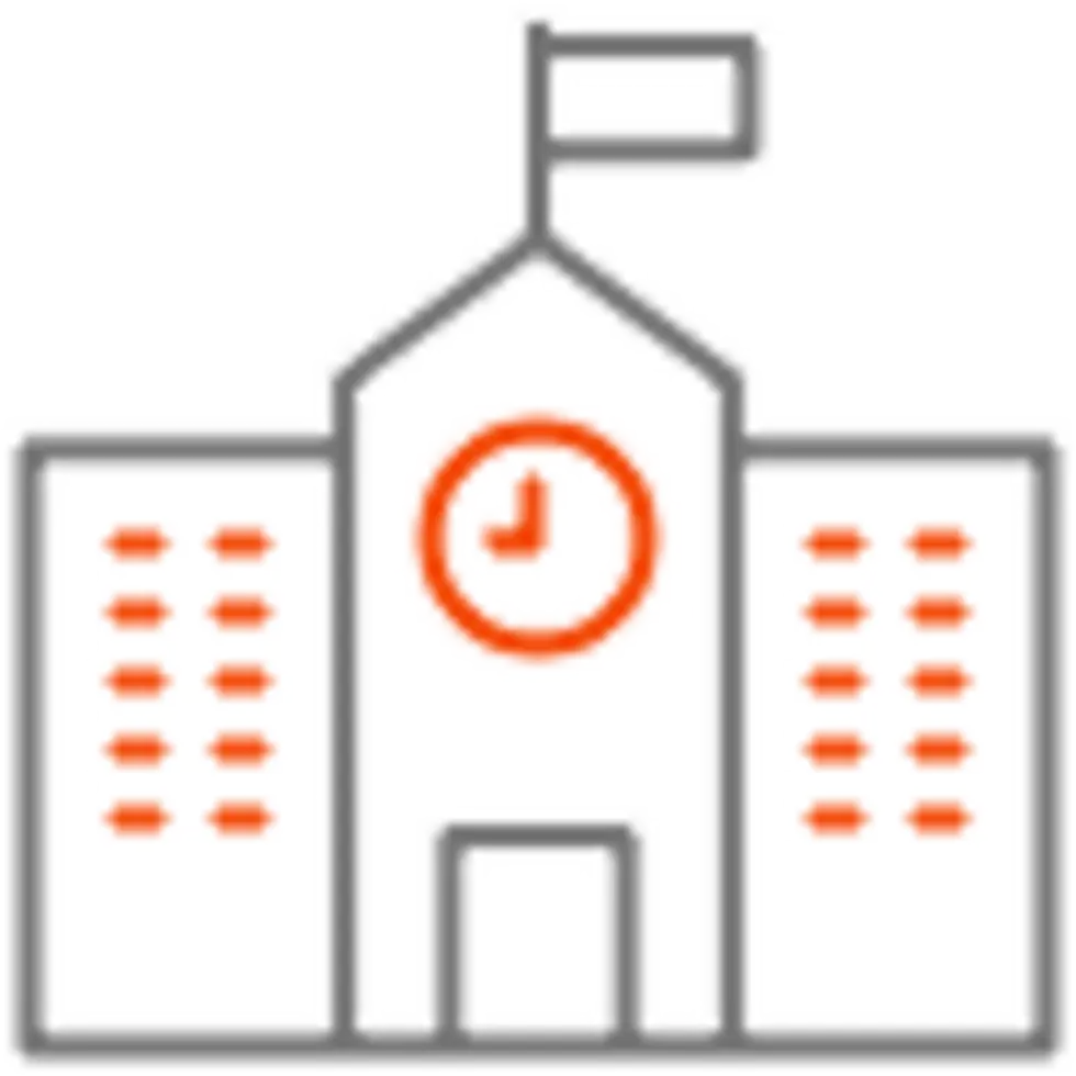 Simple illustration of a school building with a clock, a flag on top, and numbered windows, representing an educational institution.
