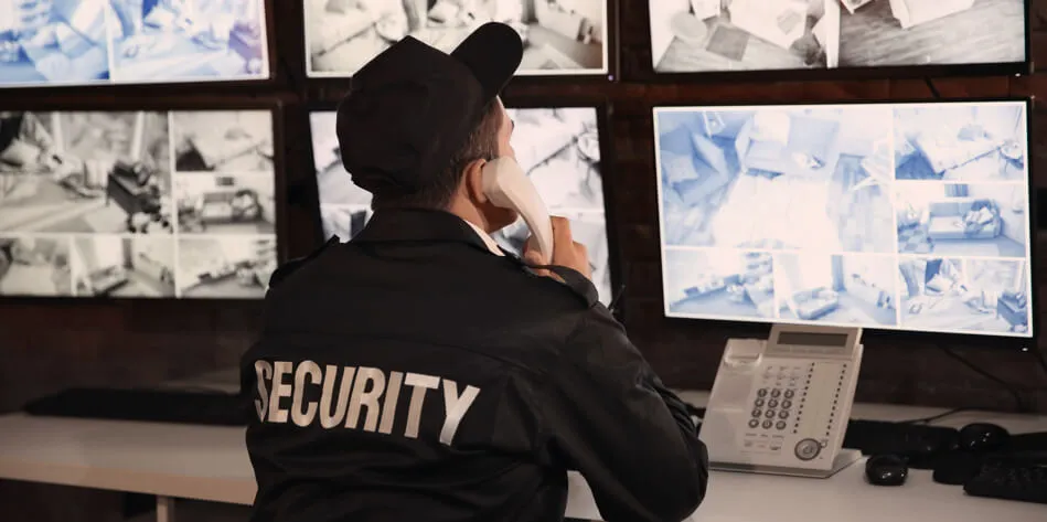 Rear view of a uniformed security officer wearing a black jacket with “SECURITY” lettering, speaking on a landline phone while actively monitoring multiple live camera feeds across a wall of large surveillance monitors in a professional control room, ideal for industrial security, building automation, and facility management solutions