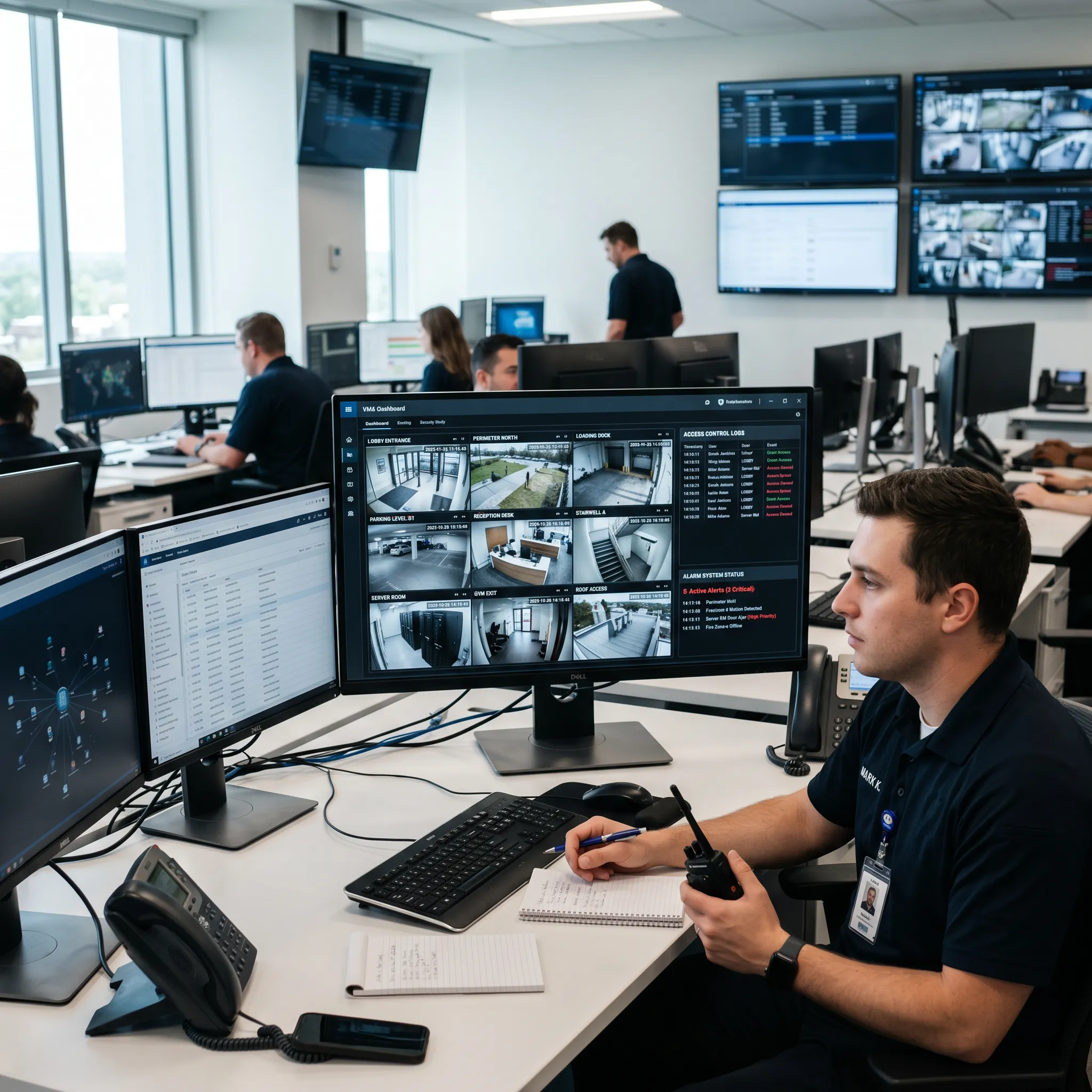 24/7 live monitoring dashboard for commercial security systems across multiple facilities