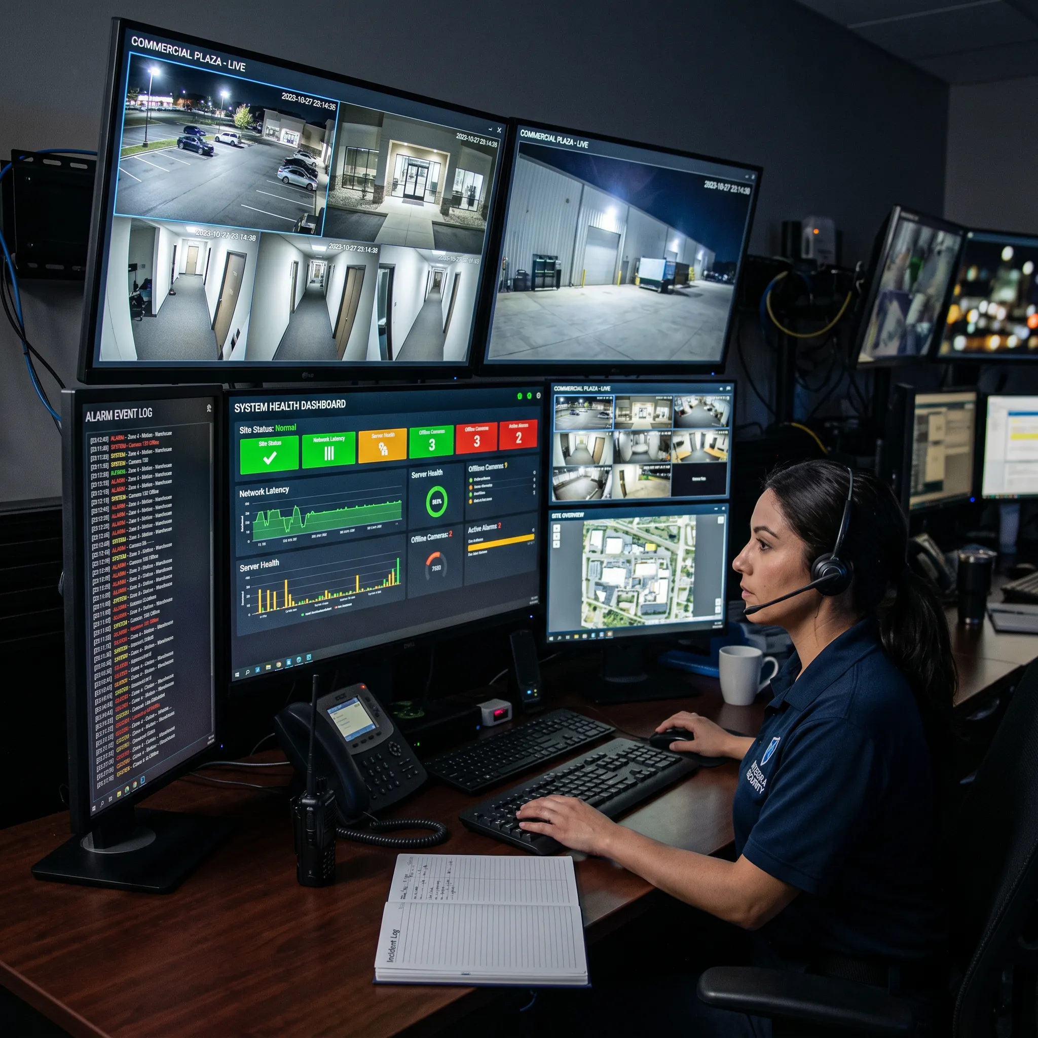 24/7 security monitoring station with system health dashboards and live camera feeds