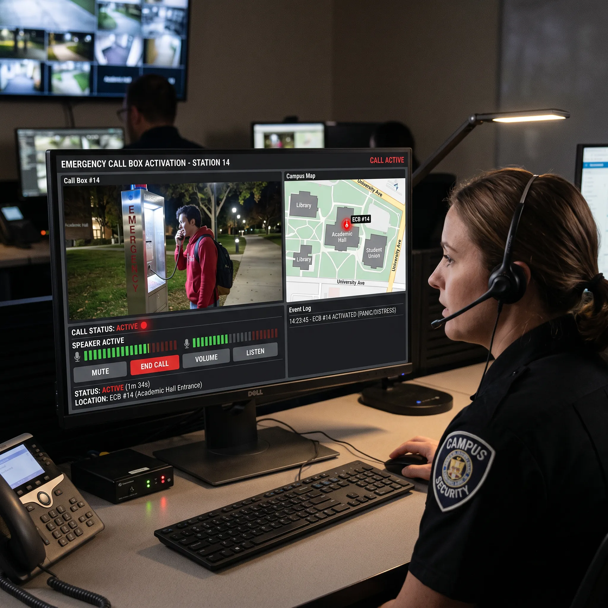 Security monitoring workstation display showing emergency call box activation with live video feed and location map