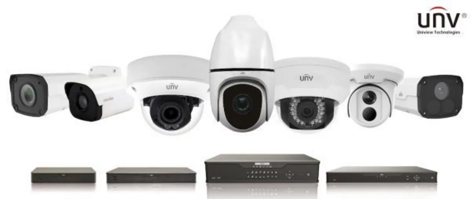 A collection of Uniview Technologies surveillance cameras of various designs, suited for different monitoring needs, alongside two recording devices for video footage storage and management.