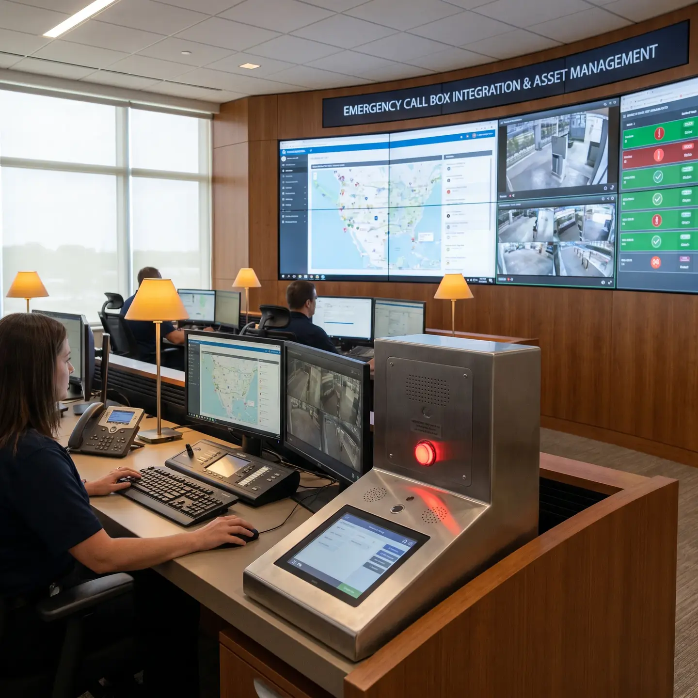 Security monitoring room with integrated systems