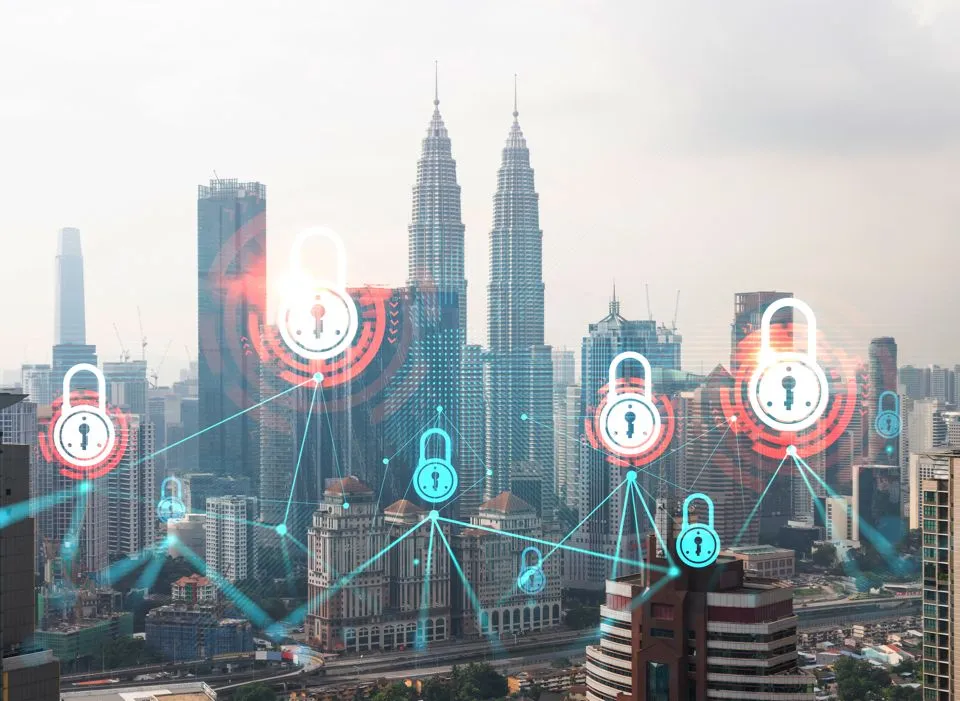 City skyline with digital lock icons representing cybersecurity and network protection across urban infrastructure