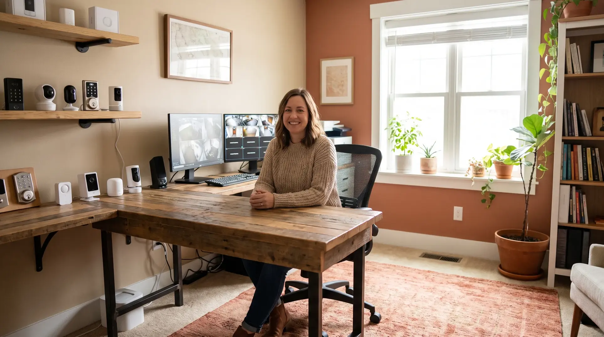 A home office featuring a wooden desk with two computer monitors displaying security footage. Various smart home devices, including cameras and keypads, are placed on shelves and the desk. A person is seated at the desk, smiling. The room includes a window with potted plants on the sill, a bookshelf filled with books, and a light brown rug on the floor. The walls are painted in a warm tone, creating a cozy atmosphere.