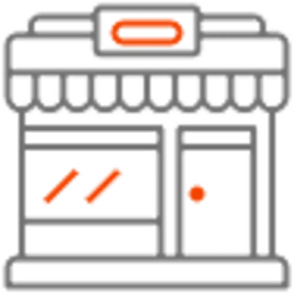 A simple illustration of a storefront with a flat roof, a canopy, a door, and window panels featuring slanted lines suggesting reflections or highlights. The design is minimalistic with light outlines and accents in orange.