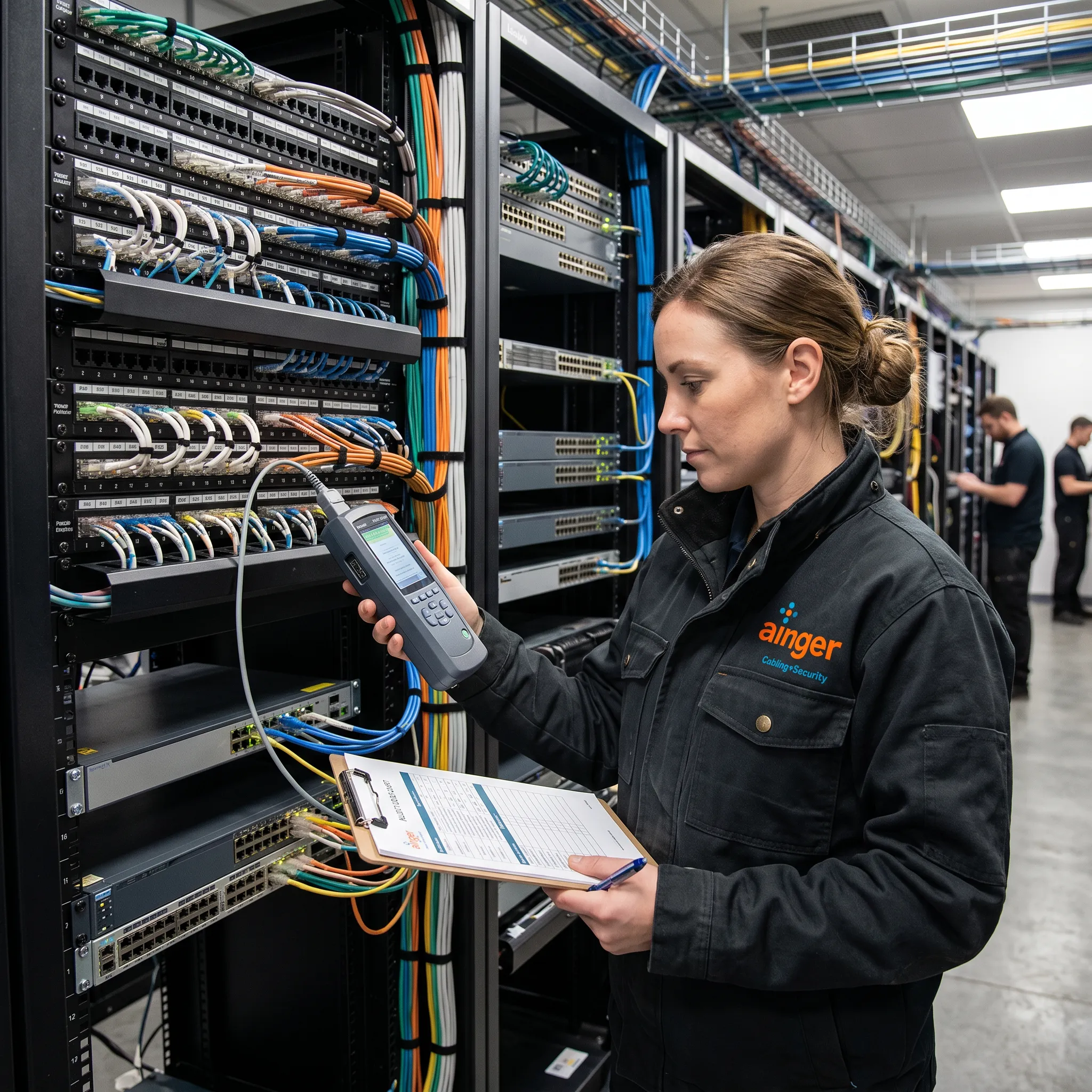 Structured cabling audit showing technician testing network infrastructure and verifying cable terminations for security system support