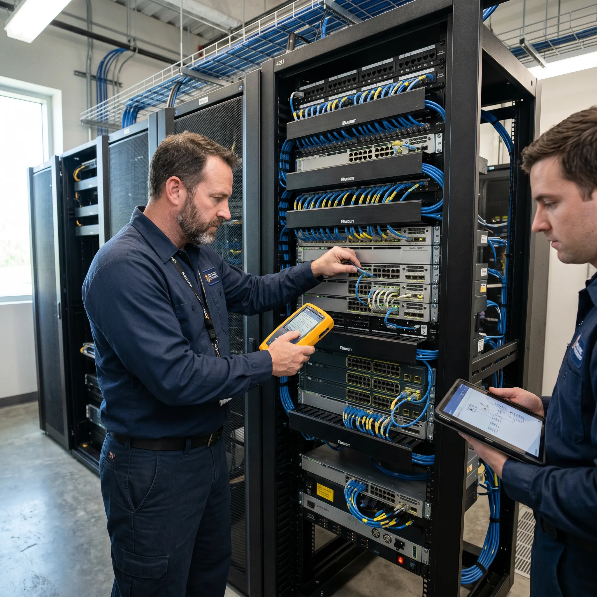 Network infrastructure and PoE equipment inspection during integrated security system maintenance