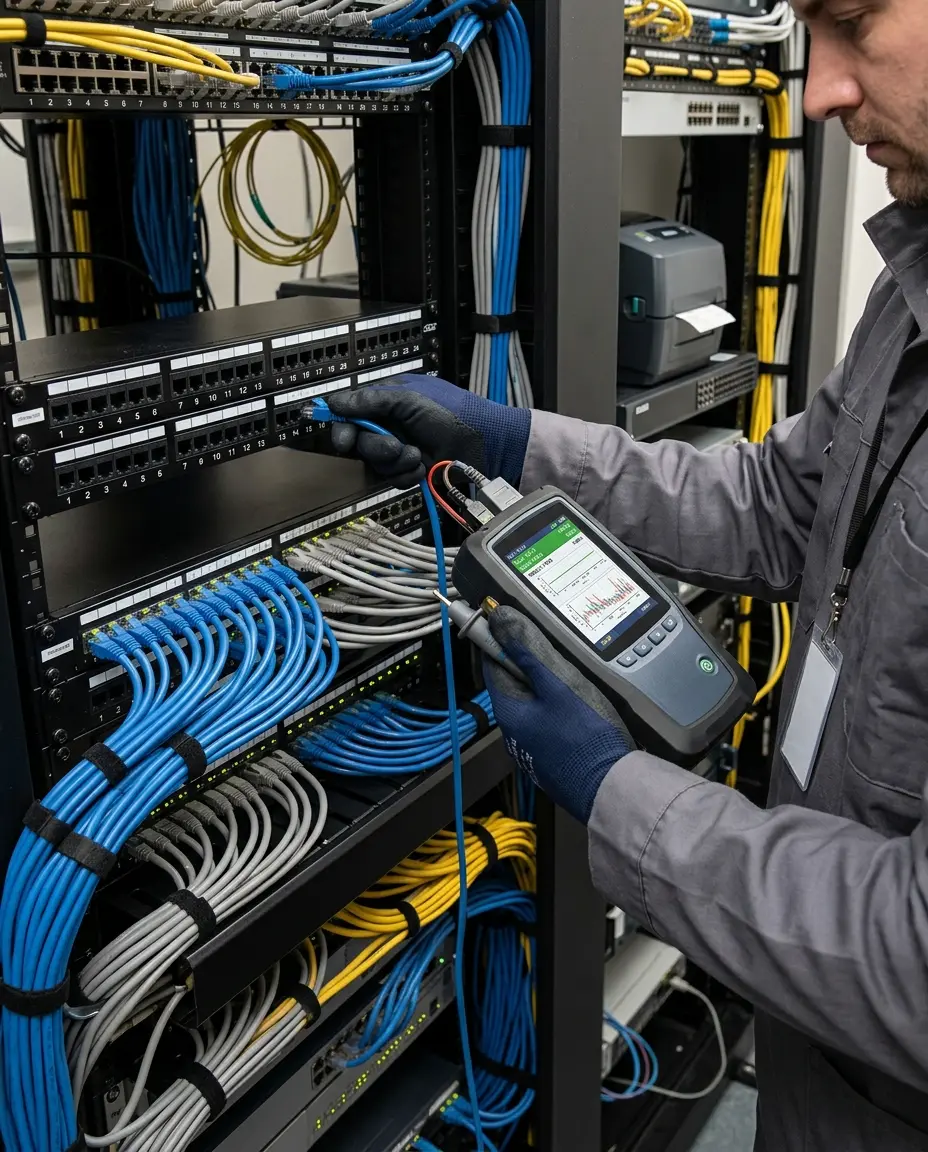 Security system installation cable testing and certification with professional testing equipment in commercial facility